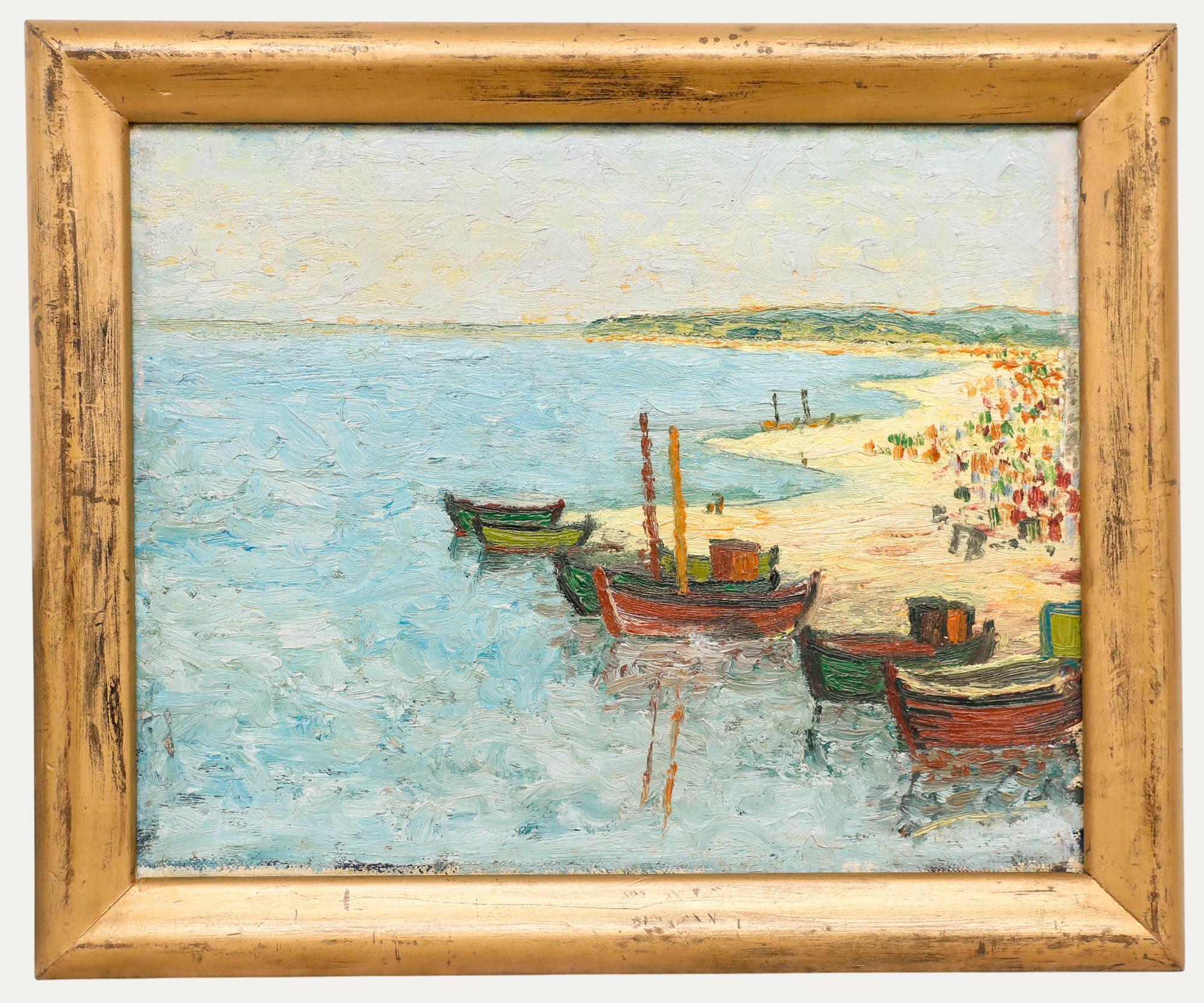 Unknown Figurative Painting - Mid 20th Century Oil - Fishing Boats on the Beach
