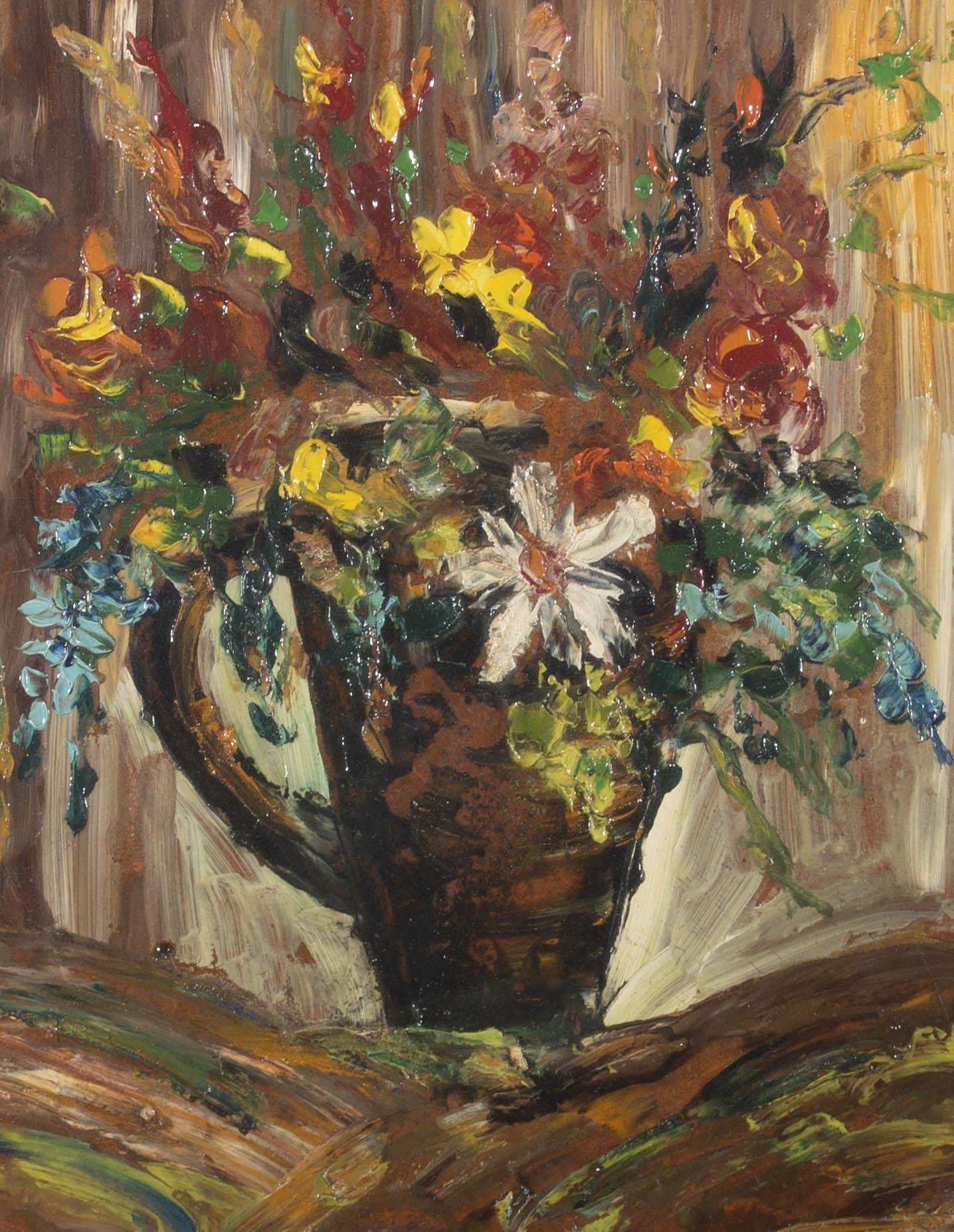 Mid 20th Century Oil - Floral Jug - Brown Still-Life Painting by Unknown