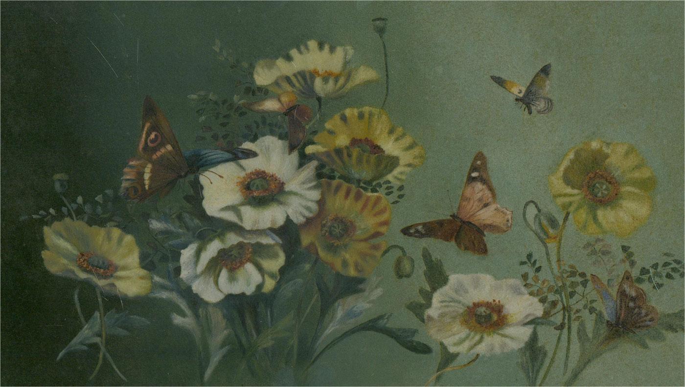 Mid 20th Century Oil - Flowers and Butterflies - Brown Still-Life Painting by Unknown