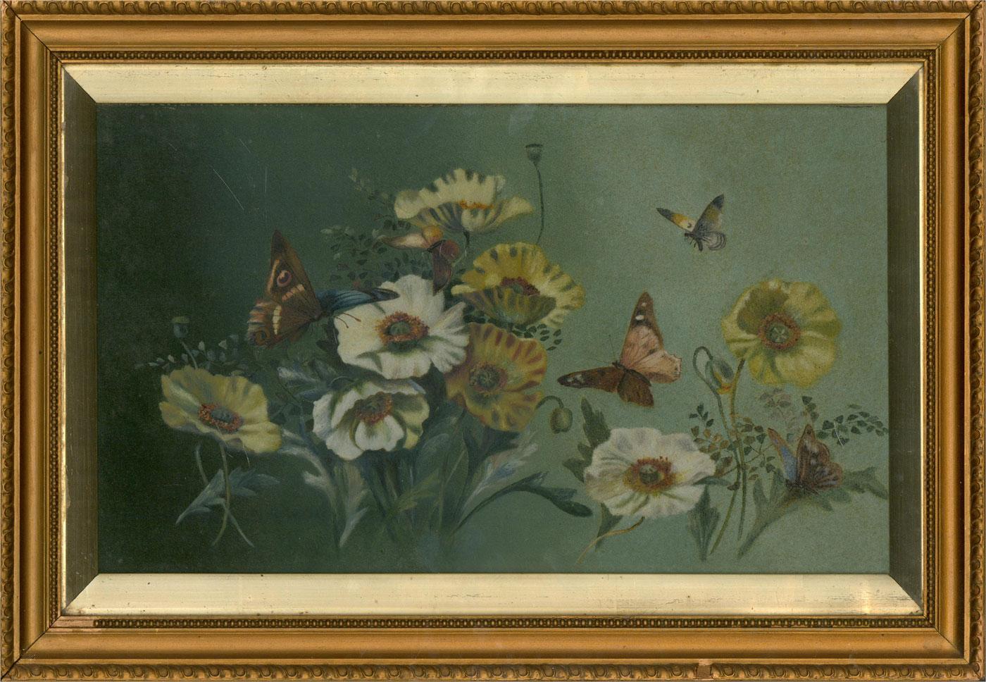 A charming oil painting, depicting a still life composition with delicate flowers and butterflies. Unsigned. Presented in a gilt effect slip and frame, as shown. On canvas on stretchers.
