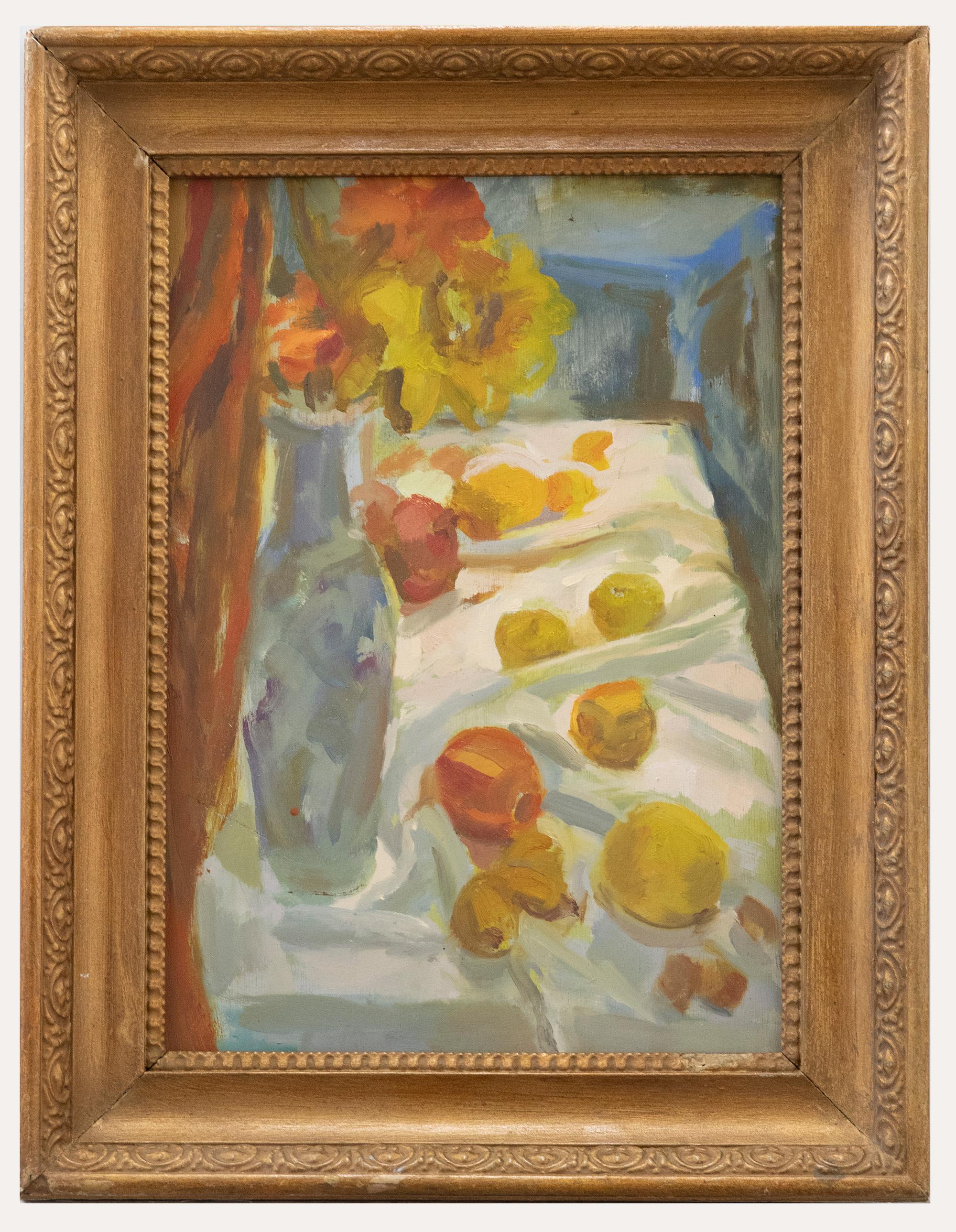 Unknown Still-Life Painting - Mid 20th Century Oil - Flowers and Fruit