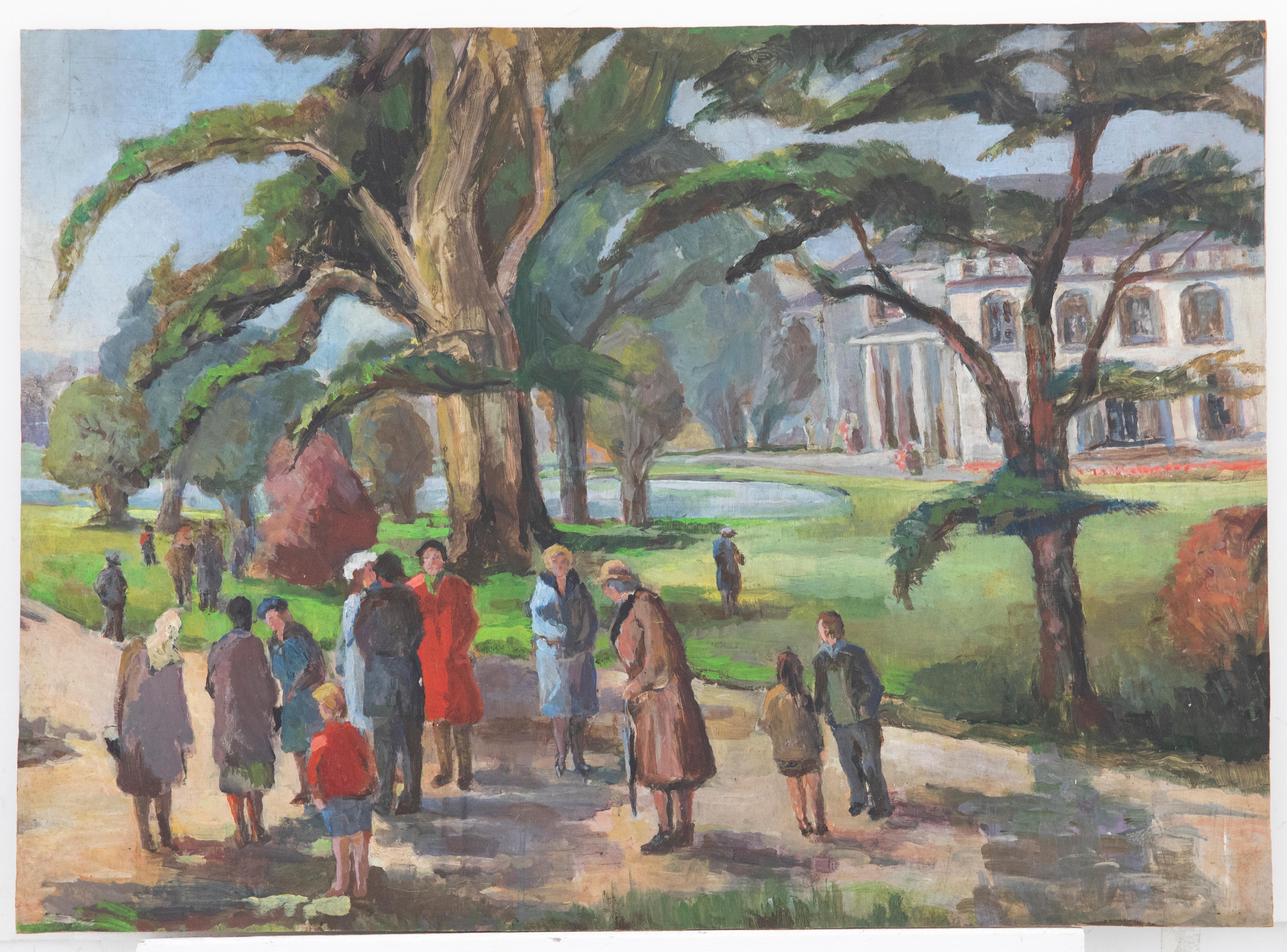 Mid 20th Century Oil - Gathering in the Park - Painting by Unknown