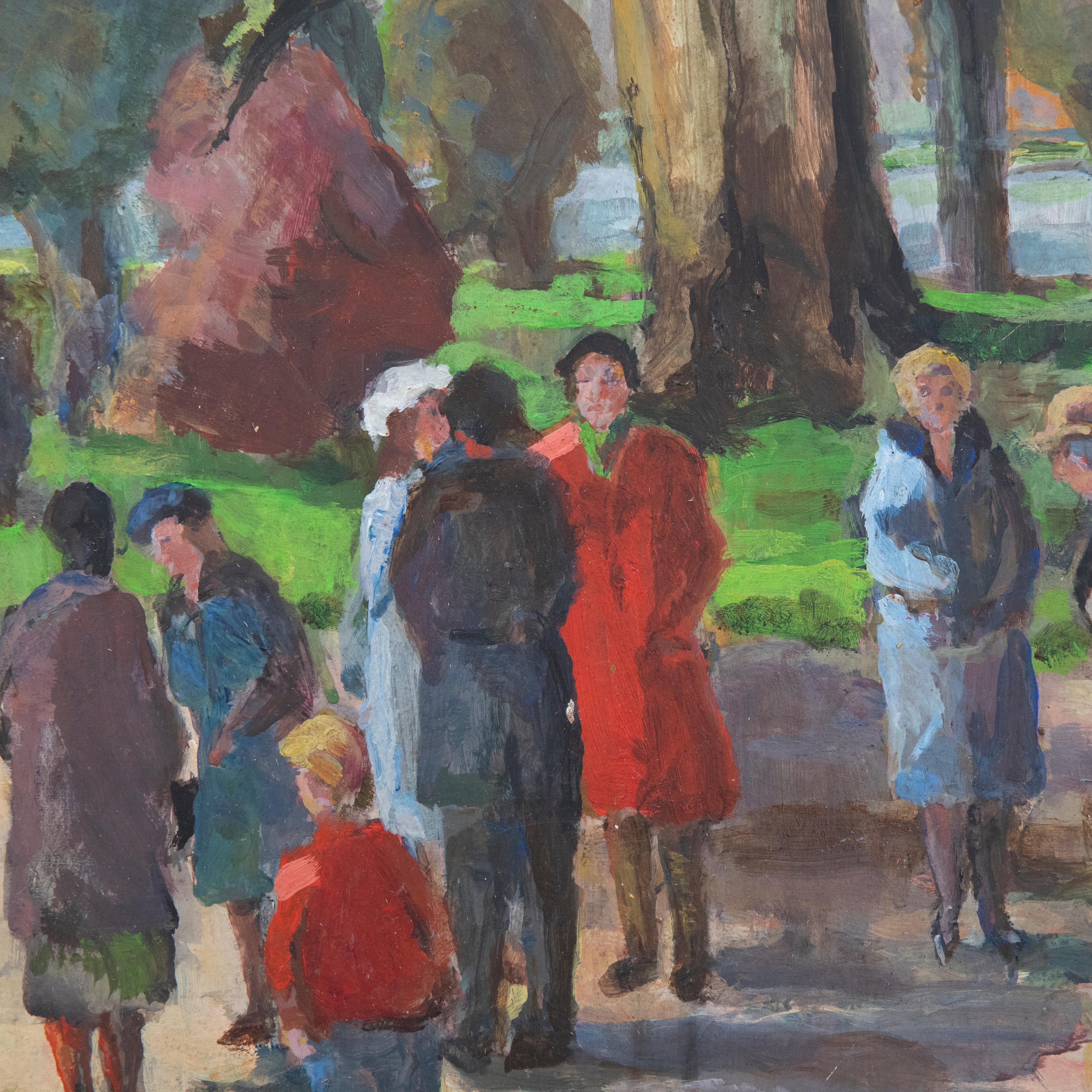 A delightful scene depicting figures in a sunlit park. The artist uses depicts highly stylised trees which curve their way across the composition. Late afternoon light can be seen reflecting off of the figure's winter coats creating a great sense of