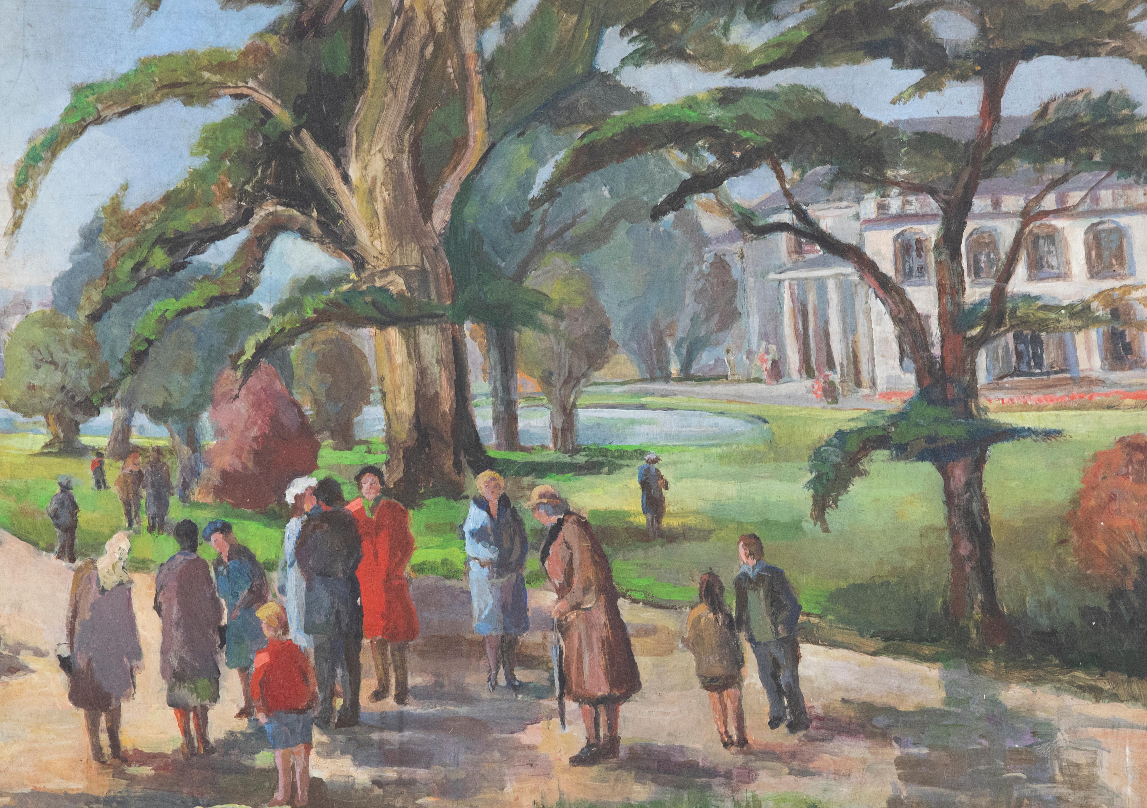 Unknown Landscape Painting - Mid 20th Century Oil - Gathering in the Park