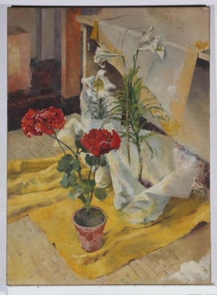 Mid 20th Century Oil - Geraniums and Easter Lilies