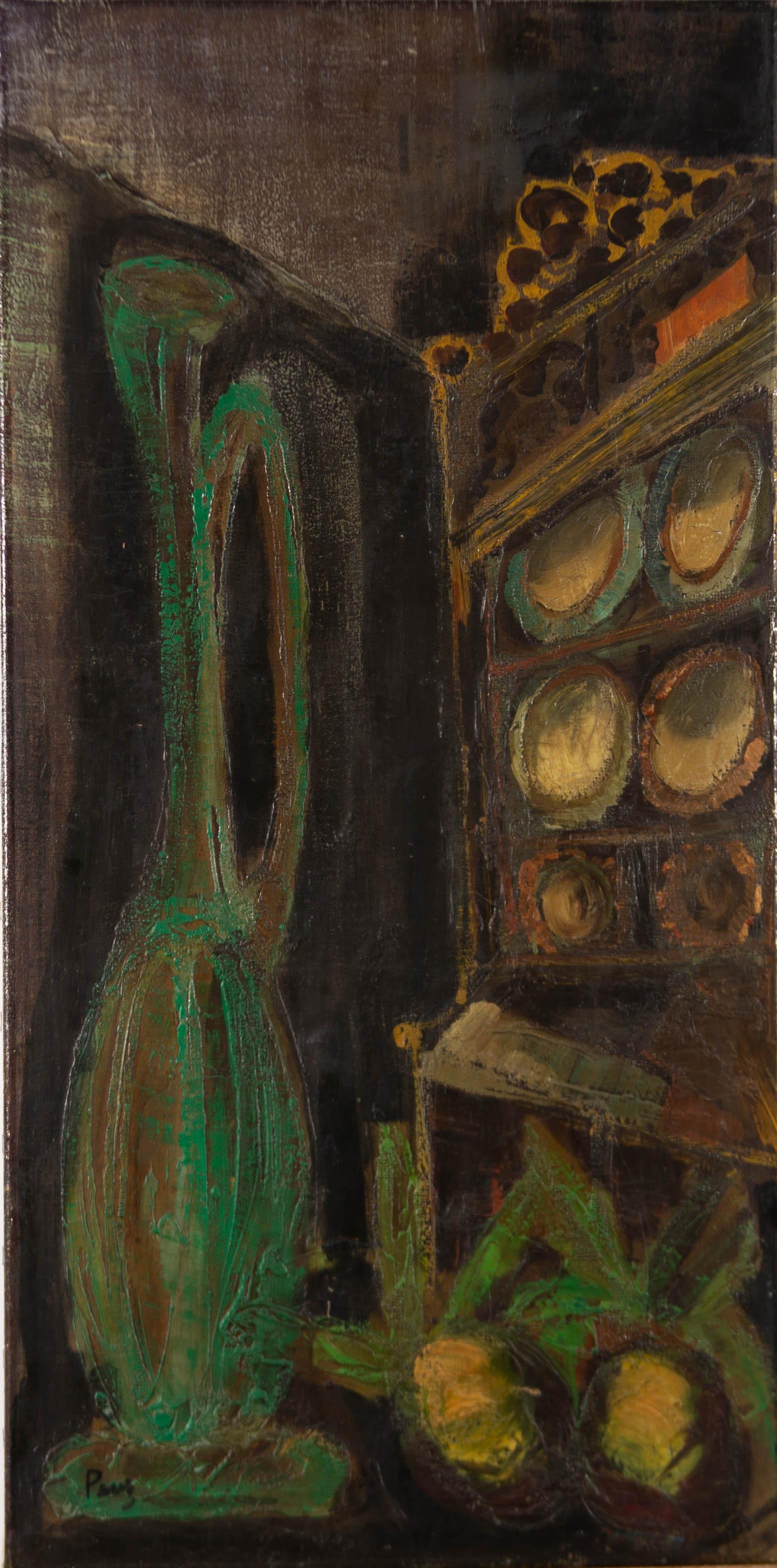 Mid 20th Century Oil - Green Jug & Cabinet - Painting by Unknown