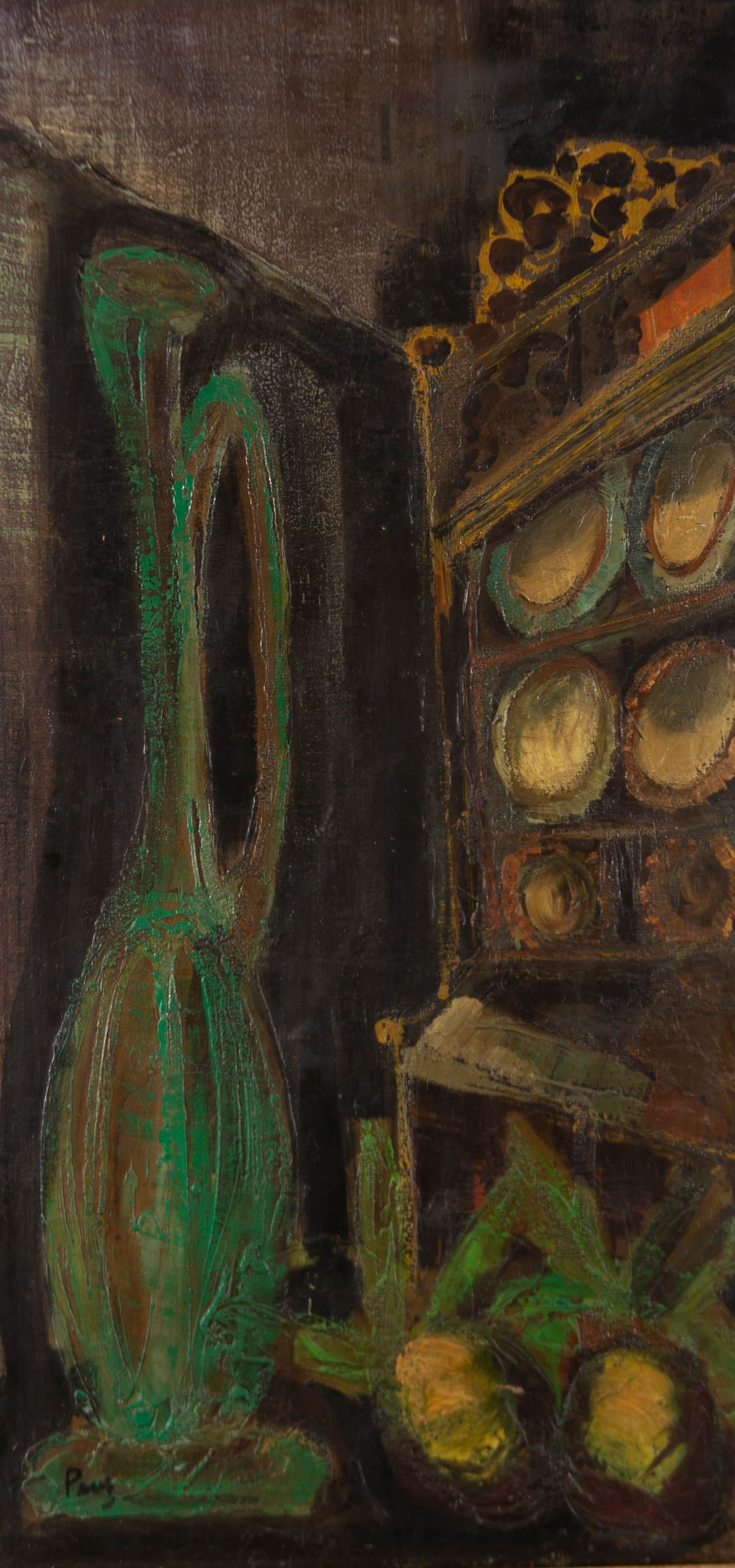 Unknown Still-Life Painting - Mid 20th Century Oil - Green Jug & Cabinet