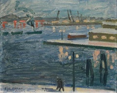 Mid 20th Century Oil - Harbour at Nighttime
