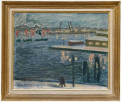 Mid 20th Century Oil - Harbour at Nighttime