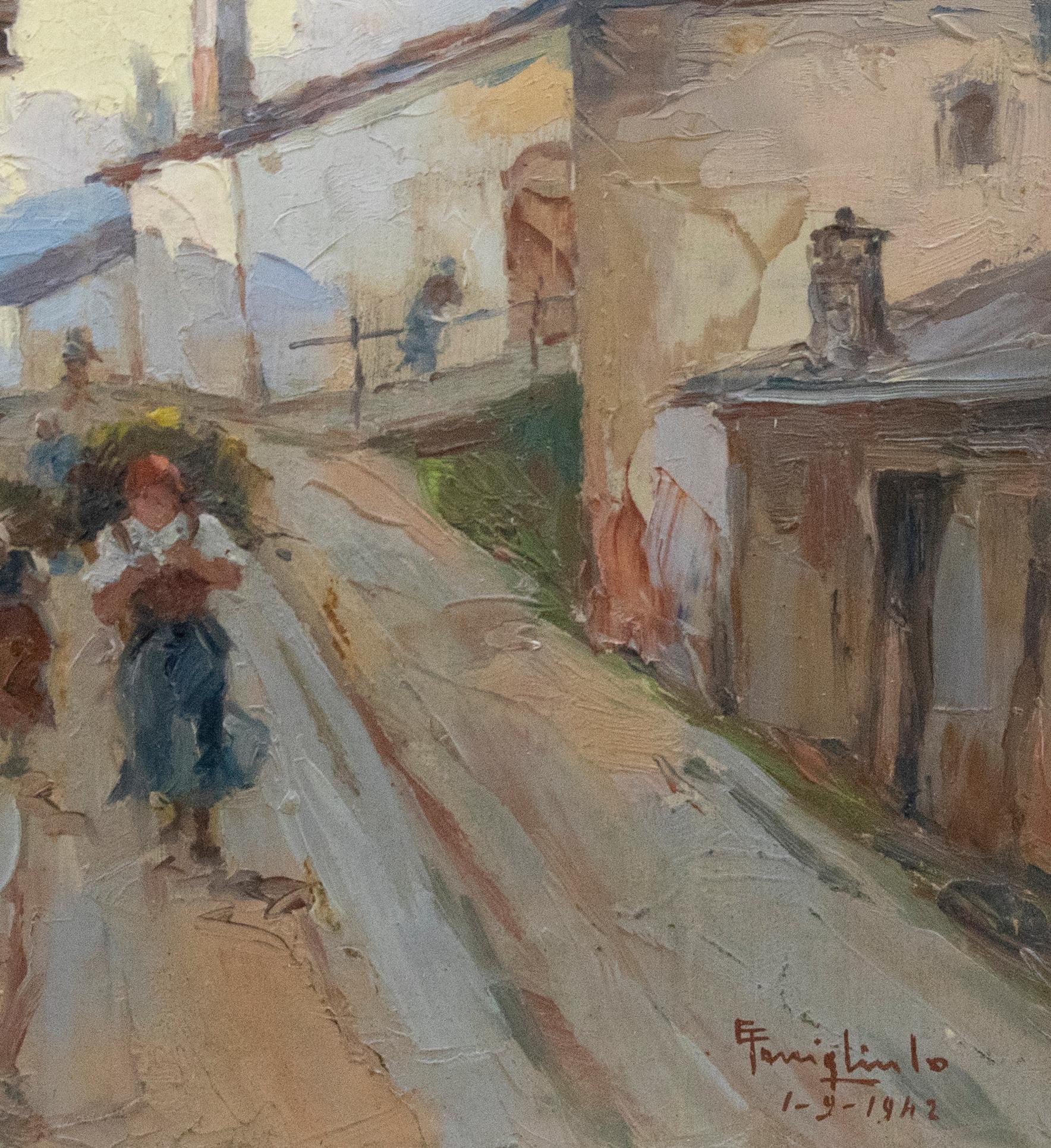 A charming impasto study of two ladies carrying heavy bundles of crop down a village lane. Illegibly signed to the lower right and dated 1942. On board.