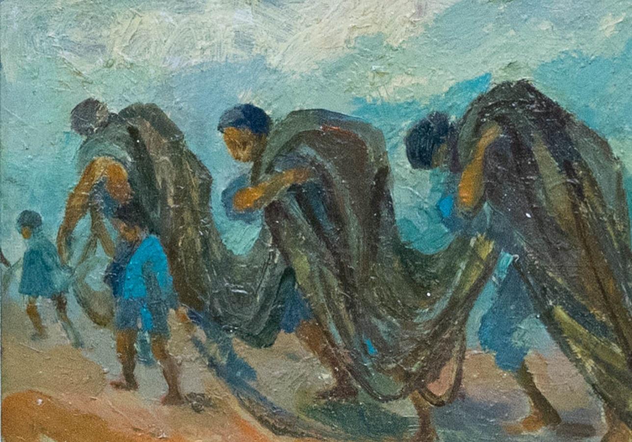 Olio della metà del XX secolo - Traino di reti da pesca - Painting di Unknown