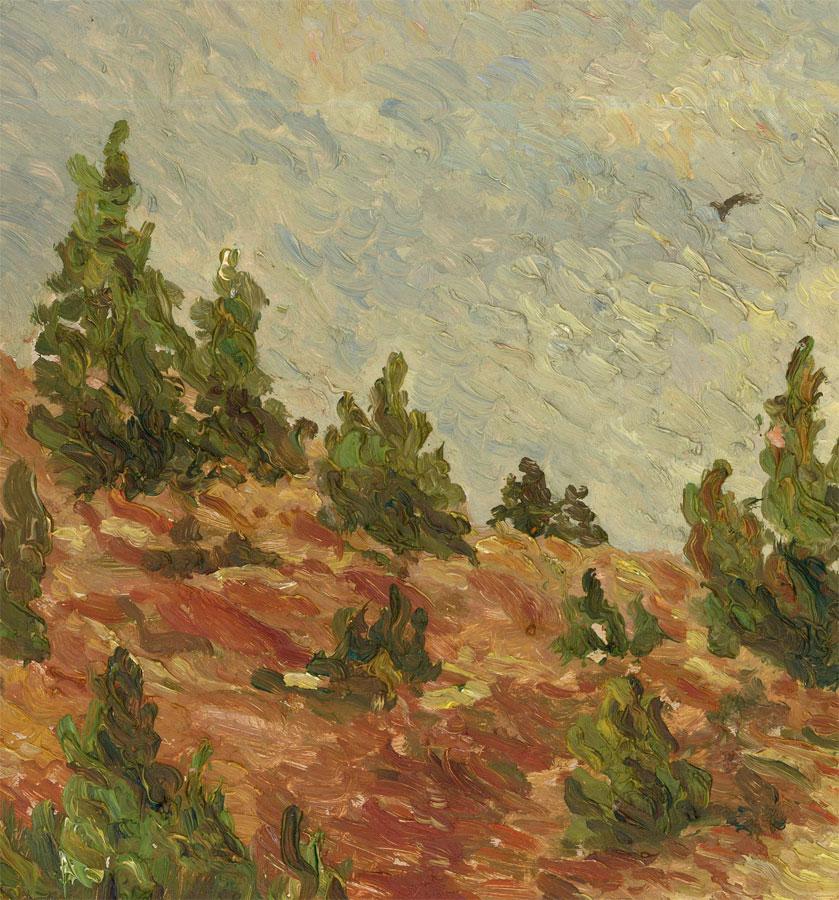 A captivating oil painting of a heath landscape with birds a flight in blue skies. The artist has used an impasto technique to capture the many shapes and textures of this shrubland habitat, rich with wildlife and green cover. The painting has been