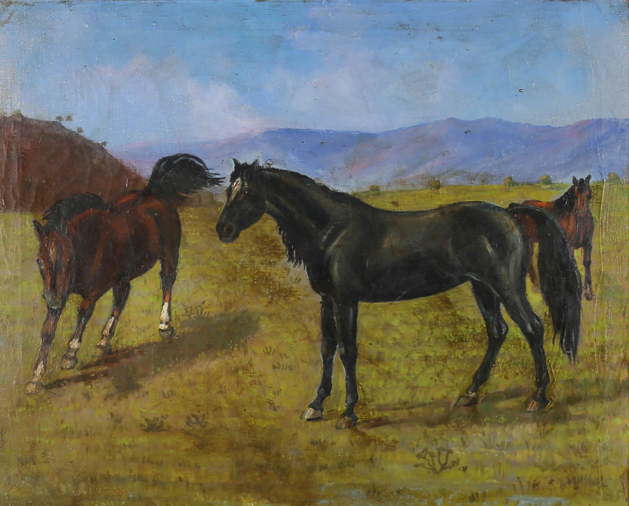 Mid 20th Century Oil - Horses in a Moorland Landscape - Painting by Unknown