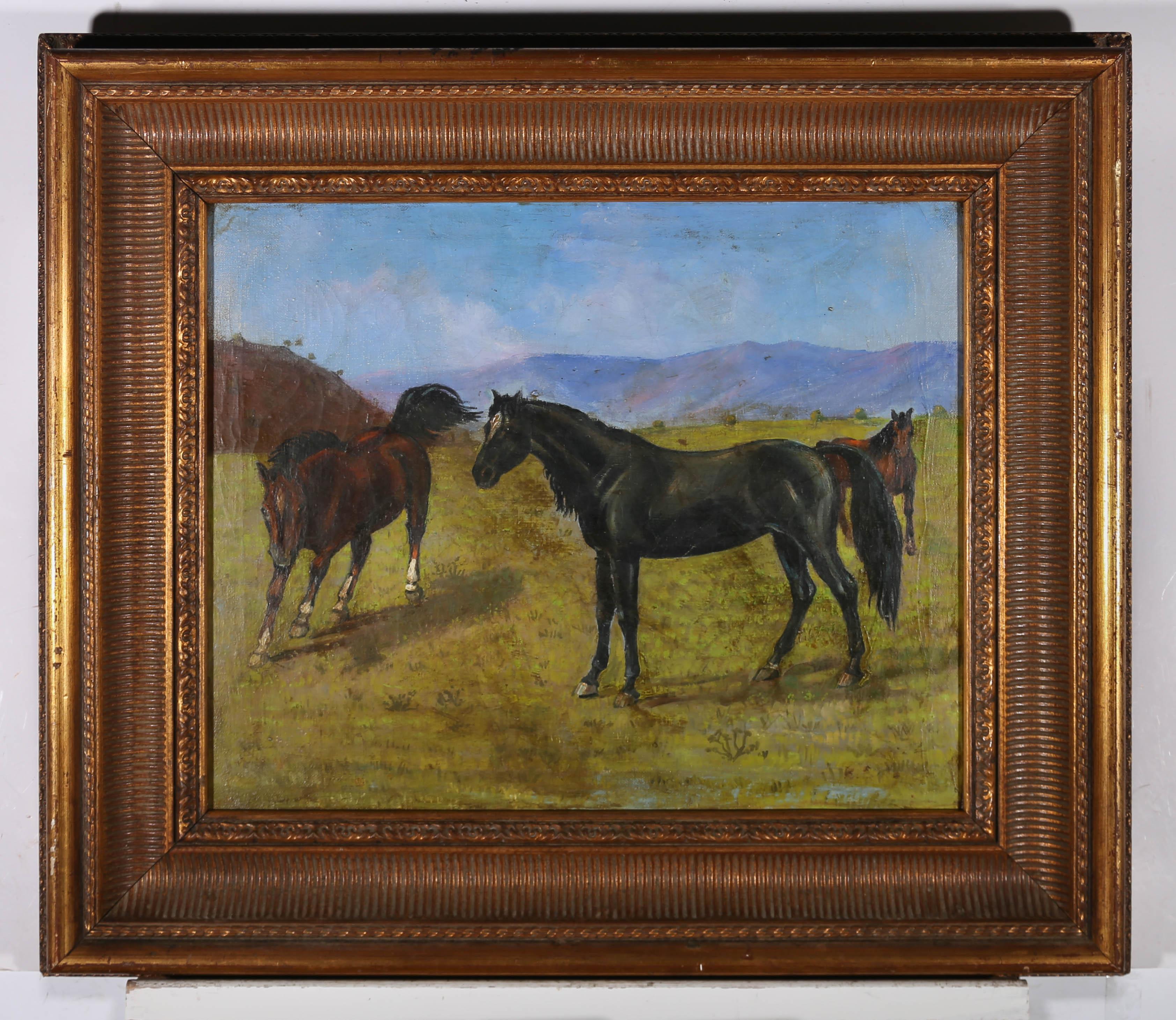 This delightful study depicts three well-groomed bay hoses in a moorland landscape. Painted in a charmingly naïve style with bold brushwork. Unsigned. Well presented in a fluted gilt frame with roped and foliate detail. On canvas on stretchers.
