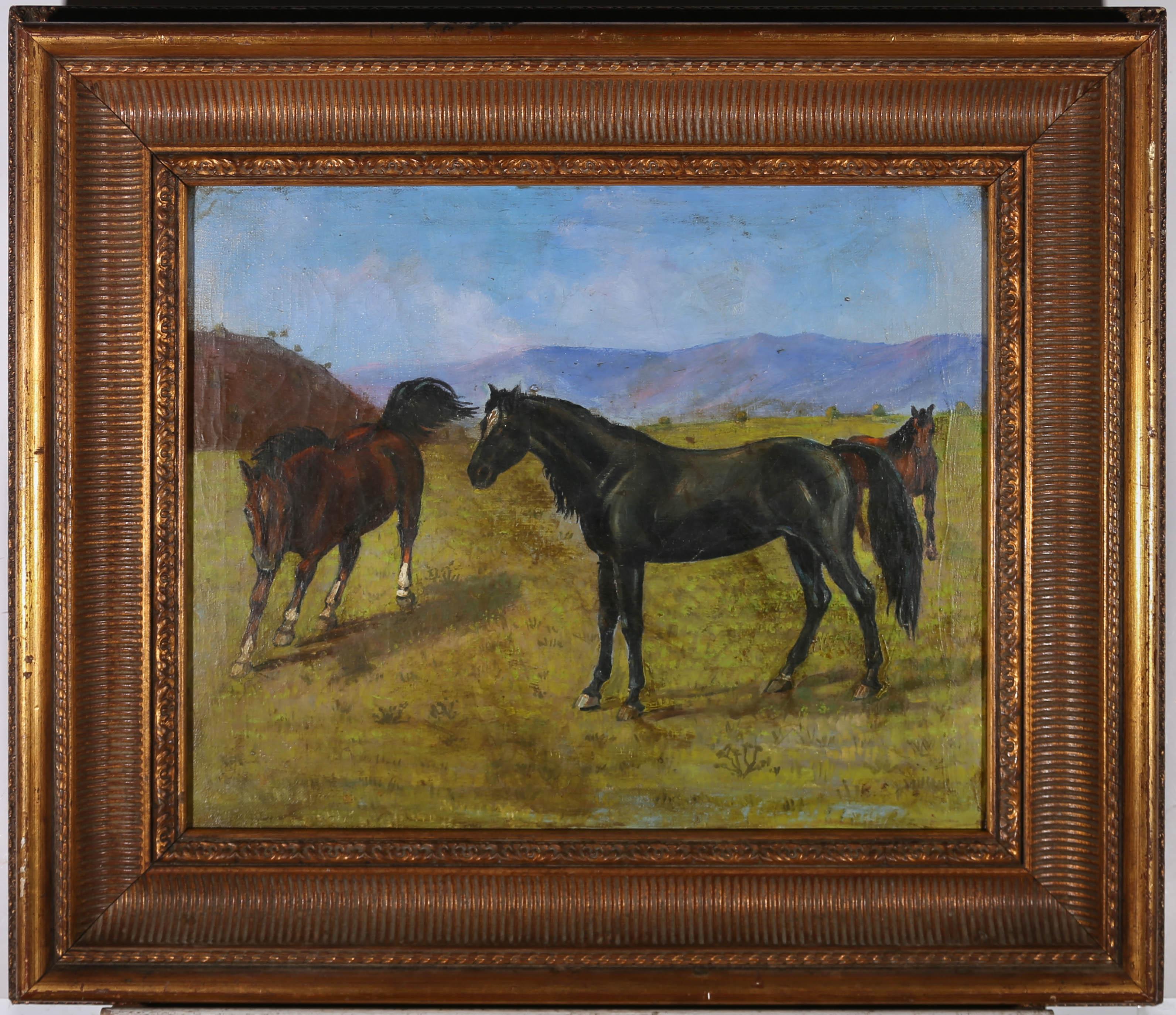 Unknown Animal Painting - Mid 20th Century Oil - Horses in a Moorland Landscape