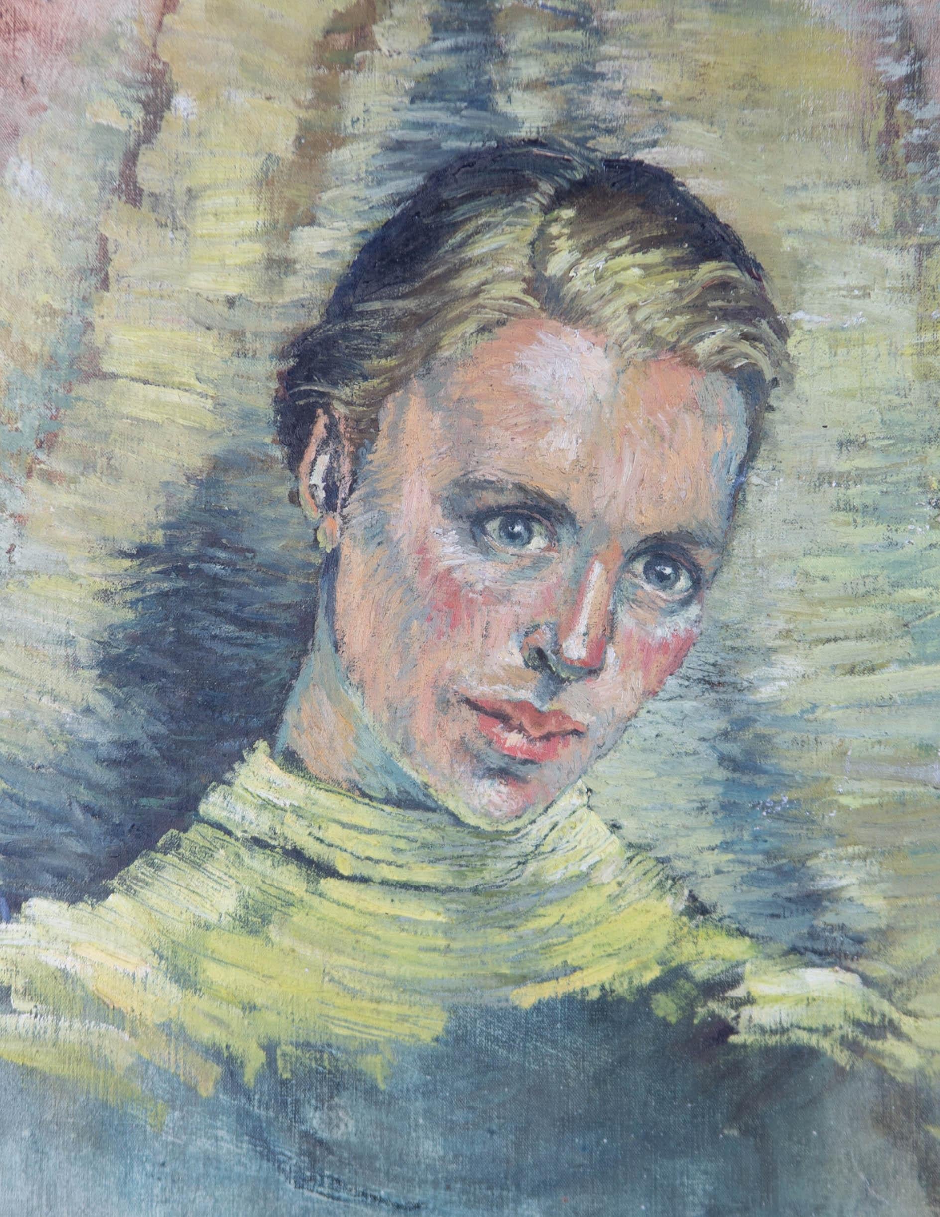 Mid 20th Century Oil - In the Yellow Light - Gray Portrait Painting by Unknown