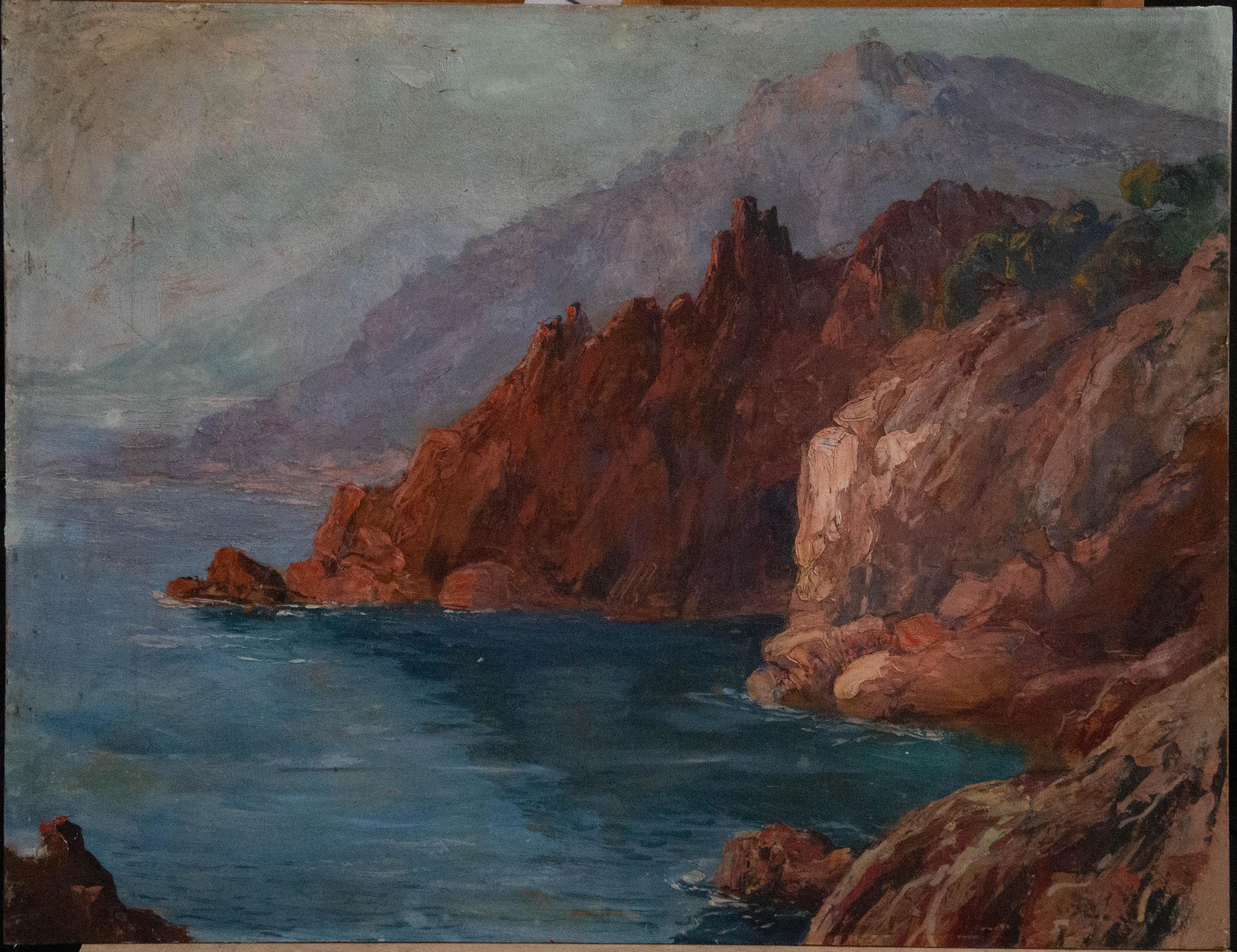 A striking coastal scene in oil showing the red cliffs of an Italian coastline. The painting has some areas of impasto which adds to the texture of the rock and waves on the shore. The painting is unsigned, on board. On board.
