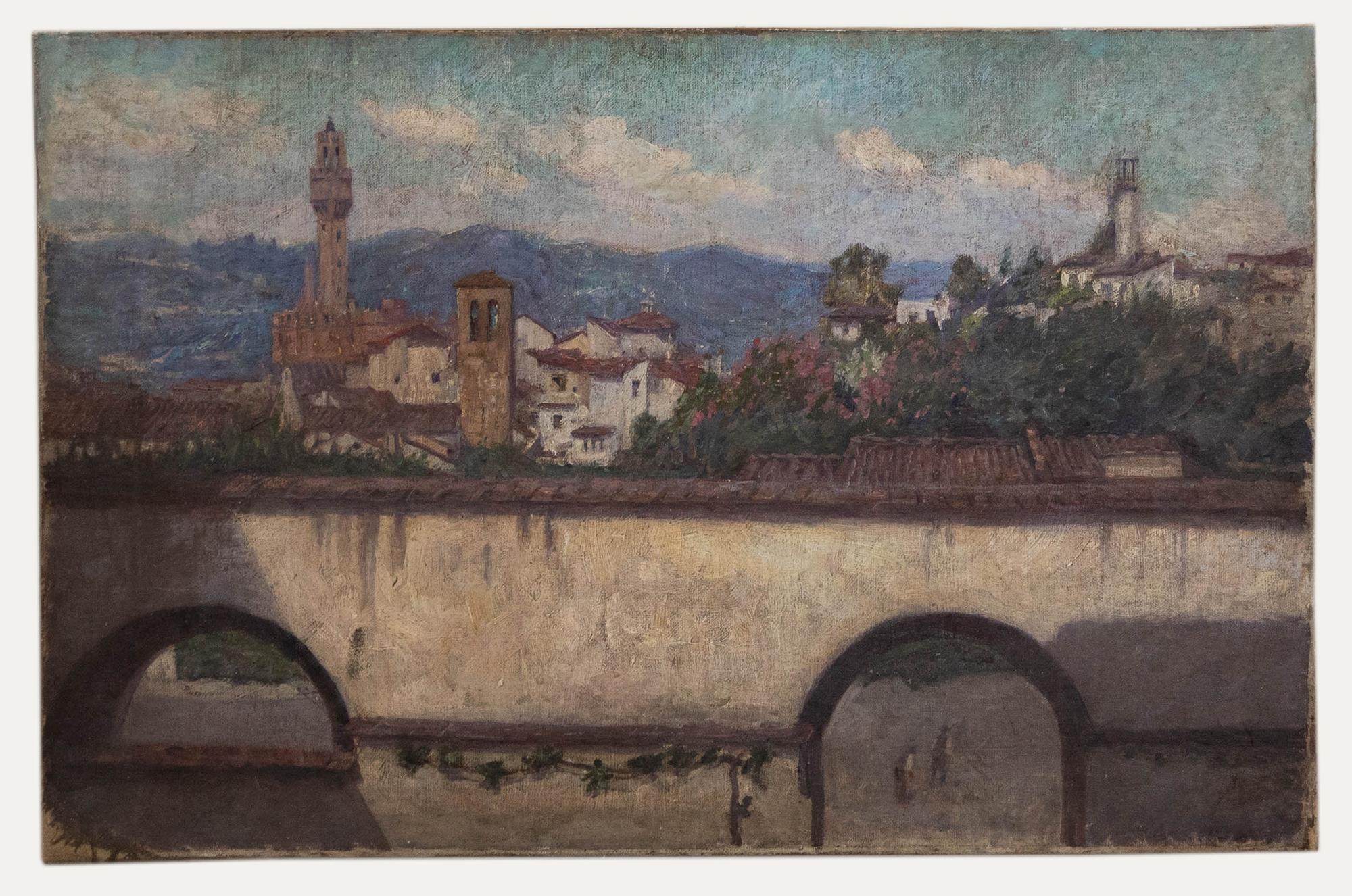 Öl aus der Mitte des 20. Jahrhunderts - Italienische Townes vom Viadukt aus – Painting von Unknown
