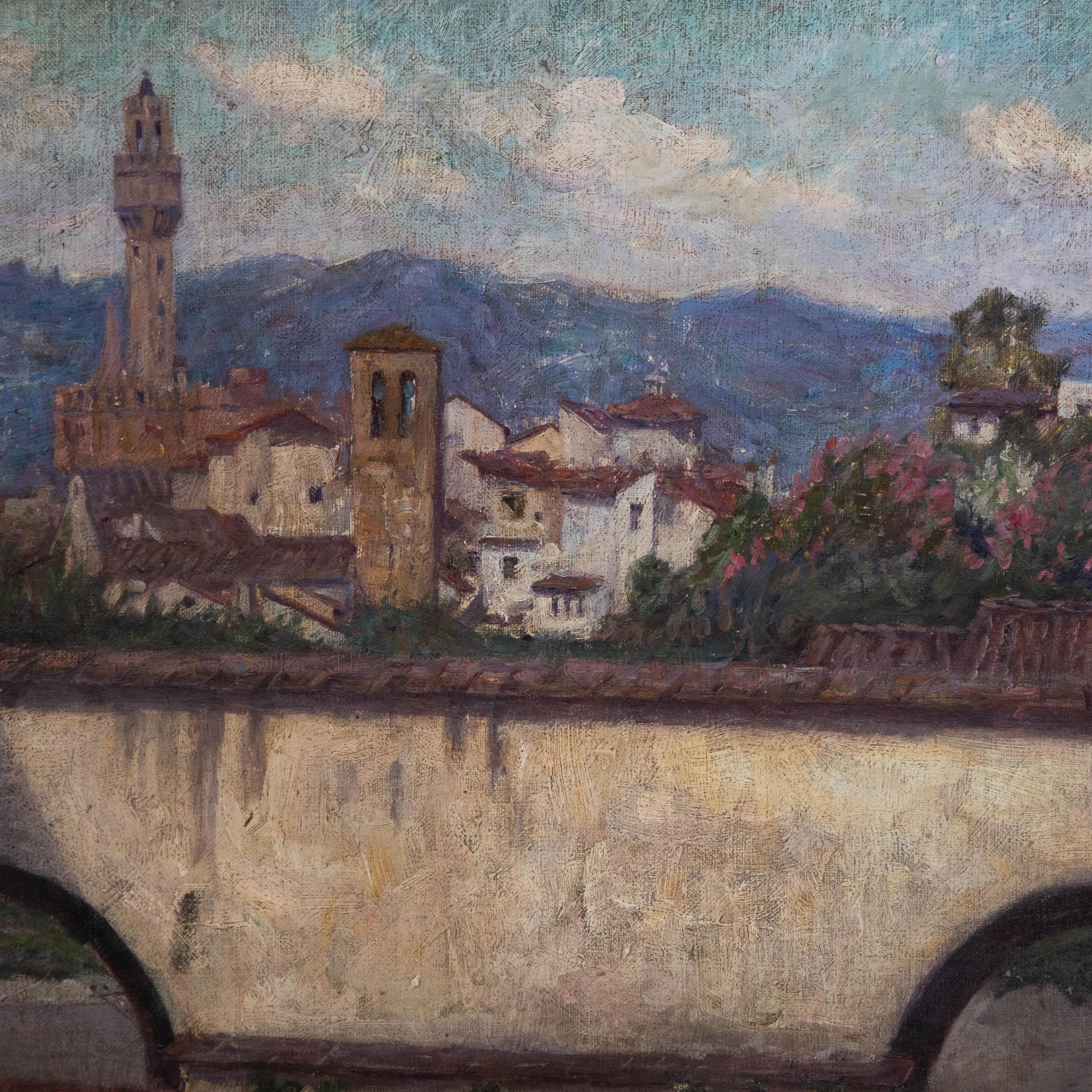 Eine charmante Ölstudie, die eine malerische italienische Stadt mit einem Viadukt im Vordergrund zeigt. Nicht signiert. Auf Leinwand.