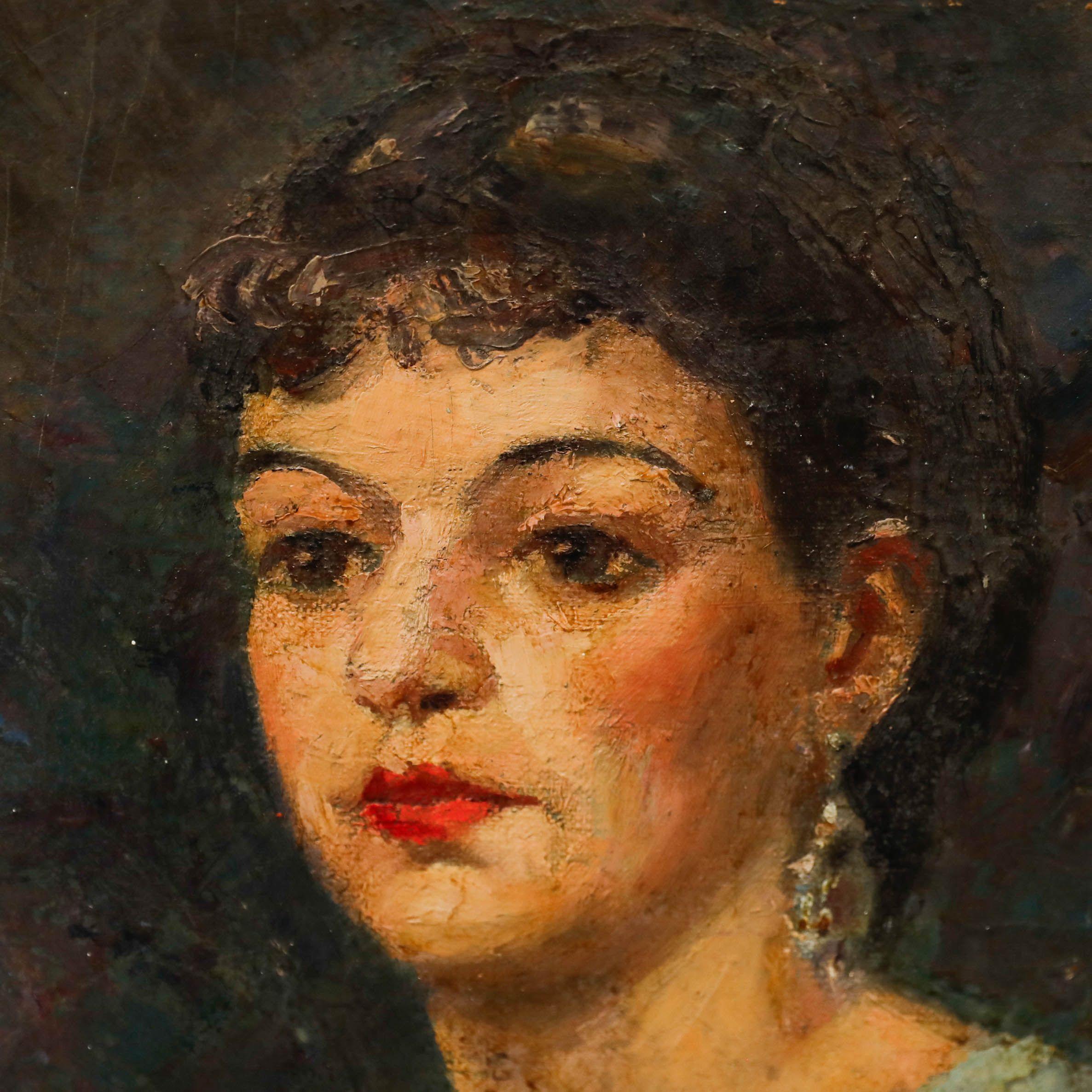 Ein charmantes Porträt, das eine Frau in feiner Abendgarderobe zeigt. Nicht signiert. Präsentiert in einem vergoldeten Rahmen. An Bord.