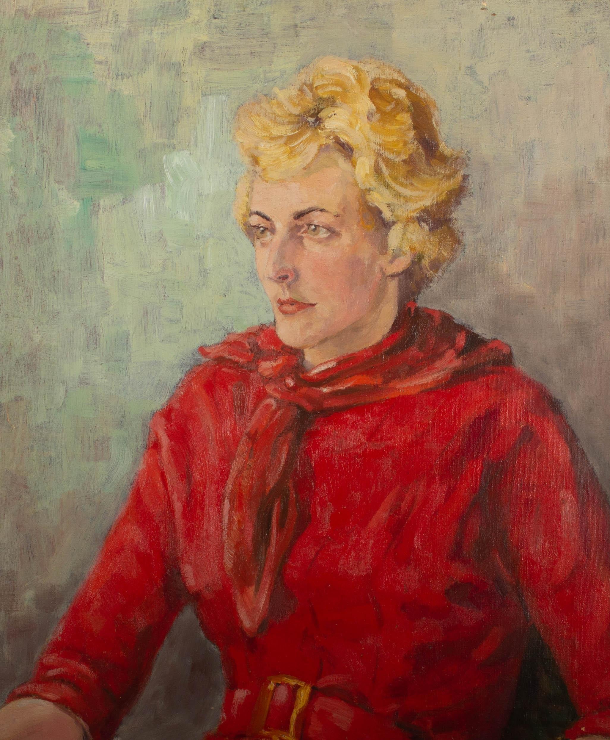 Mid 20th Century Oil - Lady In Red - Painting by Unknown