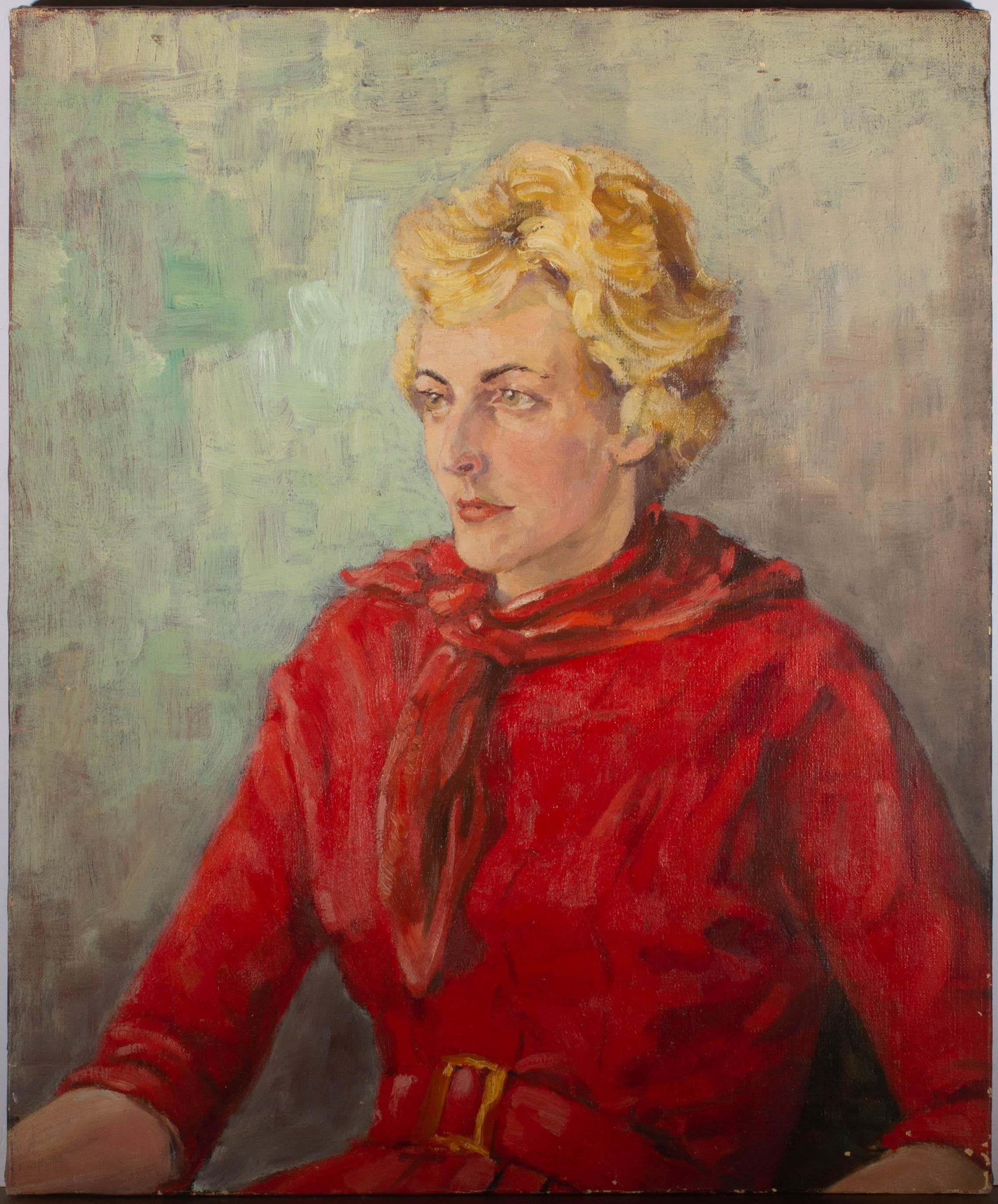 Unknown Portrait Painting - Mid 20th Century Oil - Lady In Red