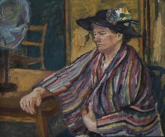Huile du milieu du 20e siècle - Dame aux rayures