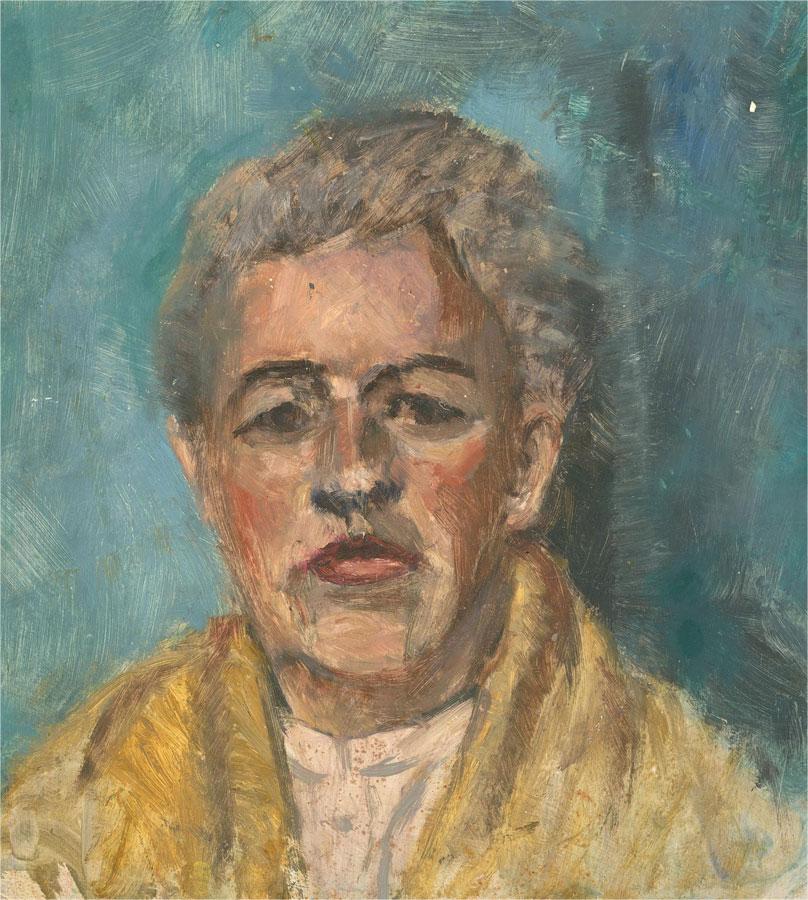 Mid 20th Century Oil - Lady In Yellow And Blue - Gray Portrait Painting by Unknown