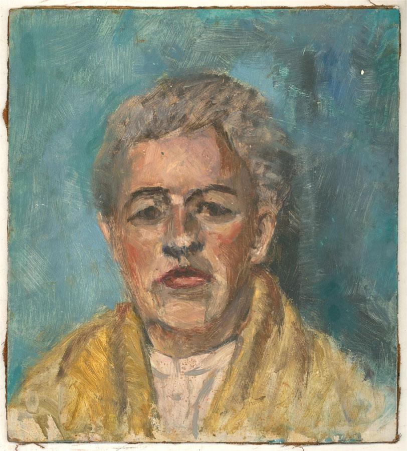 A rustic and gestural portrait of a rosy cheeked woman in a yellow jacket. The painting is unsigned, on board. There is a fine oil graveyard scene on the reverse on canvas, laid to the board. On board.