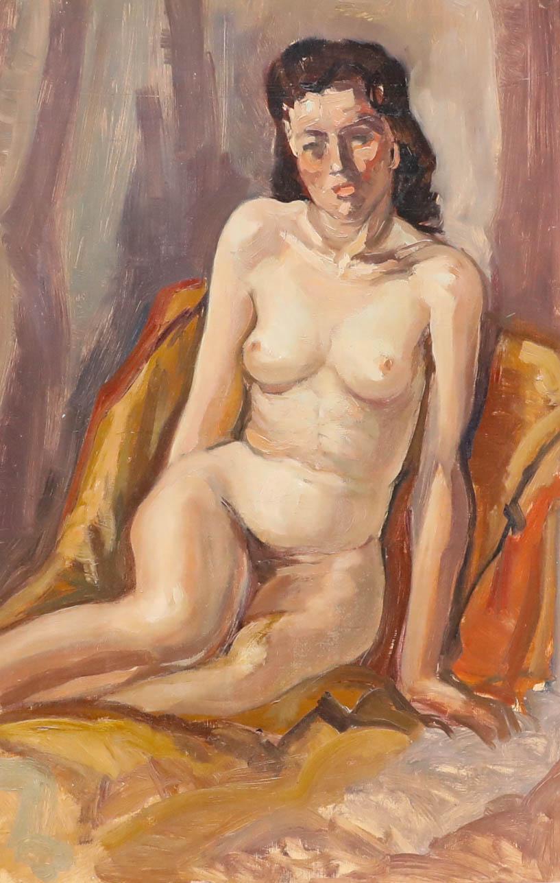 Óleo de mediados del siglo XX - Dama en futón naranja - Nude Painting Beige de Unknown