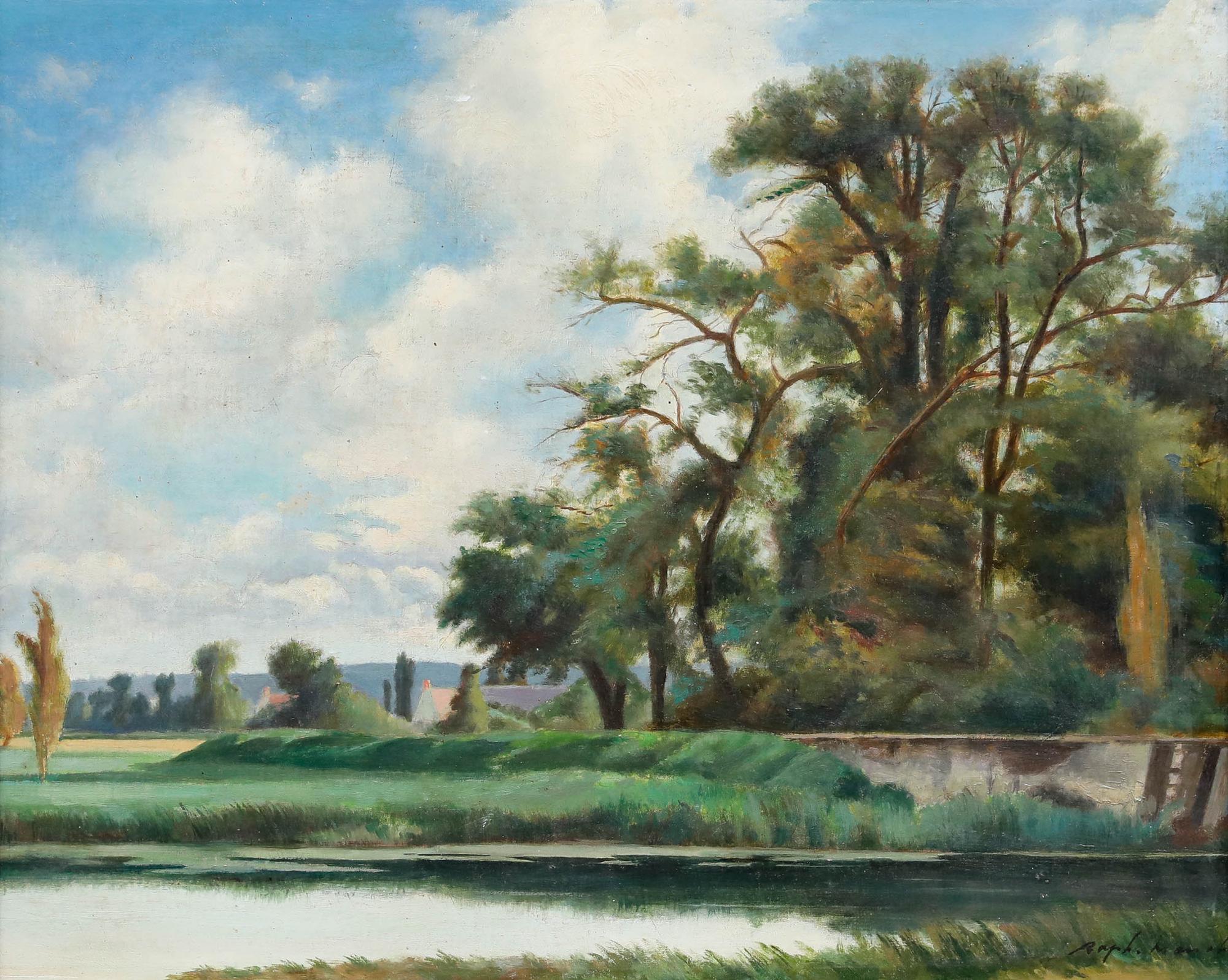 Mid 20th Century Oil - Lake Scene - Painting by Unknown