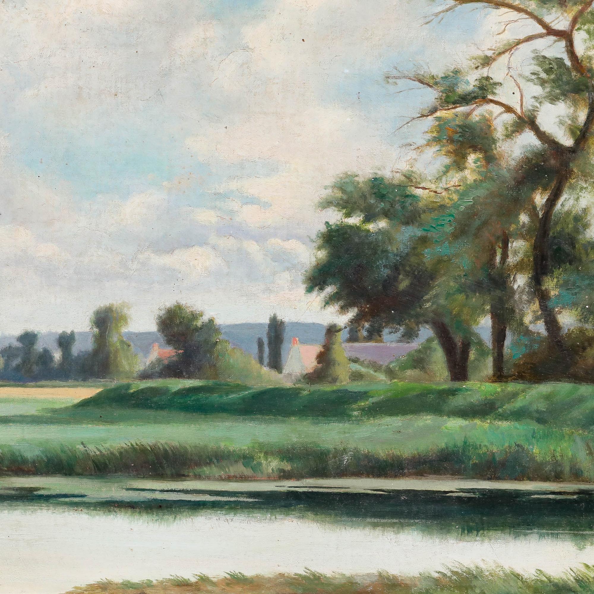 This charming landscape painting depicts a serene countryside scene dominated by a large, leafy tree with its full canopy creating a focal point against the expansive sky. Signed indistinctly to the lower right, possibly 'Raph. Monahan'. Well