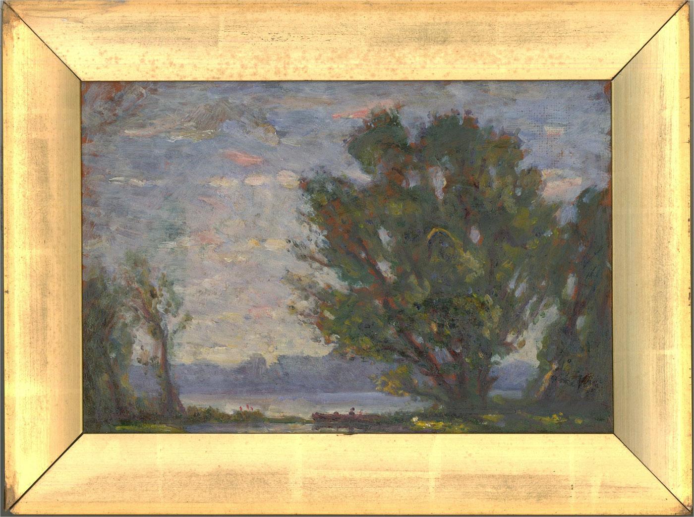 A charming mid-century oil depicting a view from a lakeside, a tree reaching into the blue sky at the right of the composition. Presented in a distressed gilt slip. Unsigned.