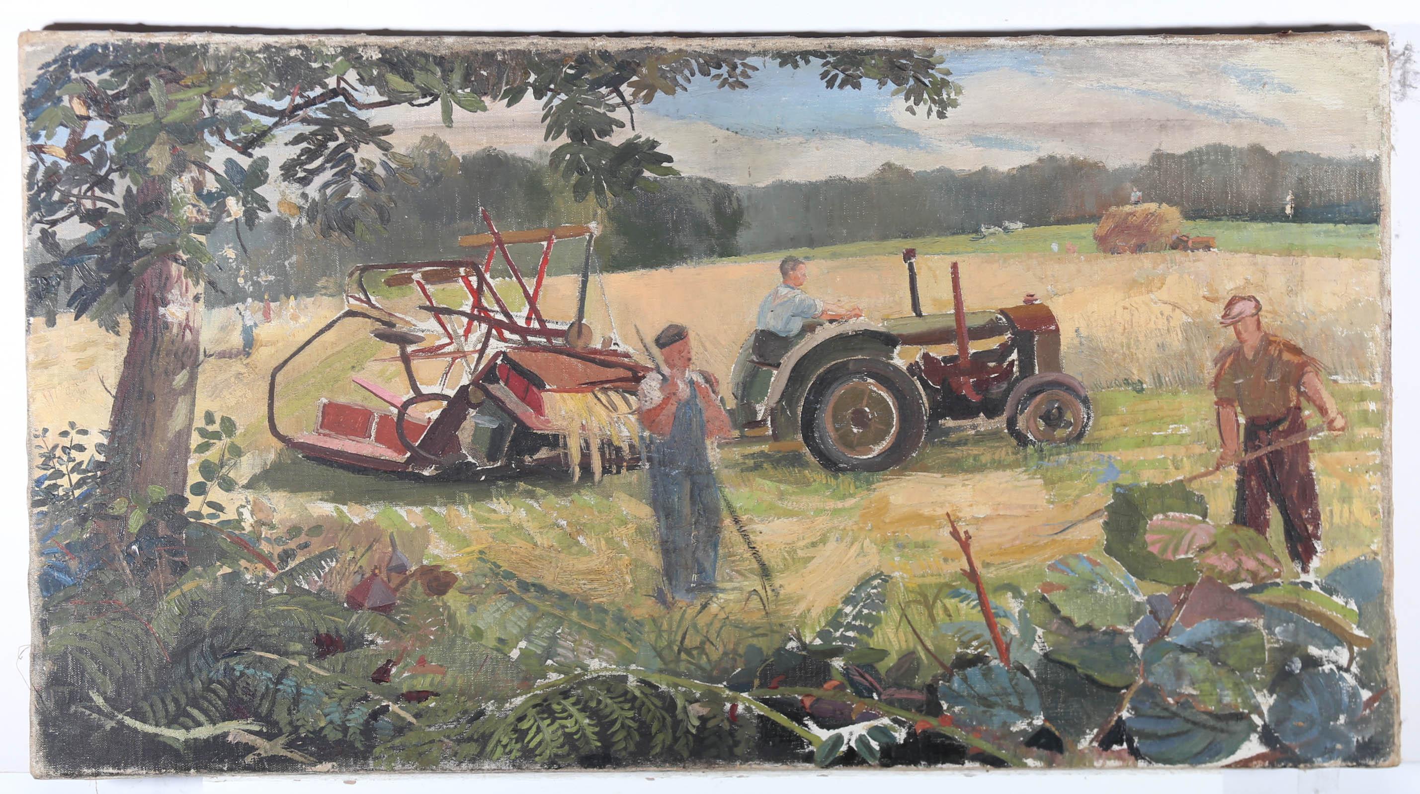Mid 20th Century Oil - Late Summer Hay Harvest - Painting by Unknown