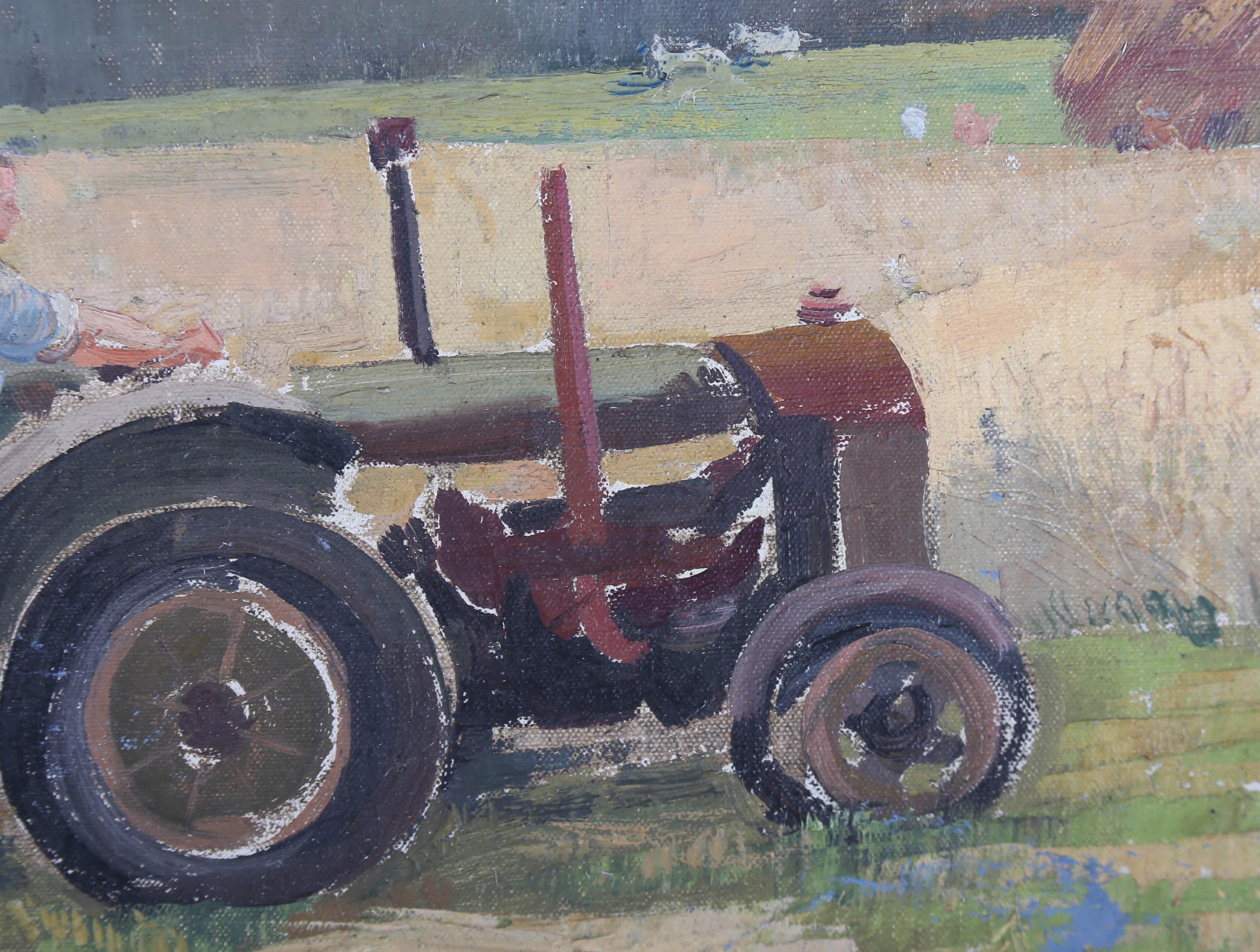 Uno splendido studio agricolo del 1950 circa che ritrae dei braccianti che raccolgono il fieno sotto il sole estivo. L'artista ha catturato meravigliosamente il calore della giornata e i lavoratori indaffarati. Questa scena ha un ottimo contatto con