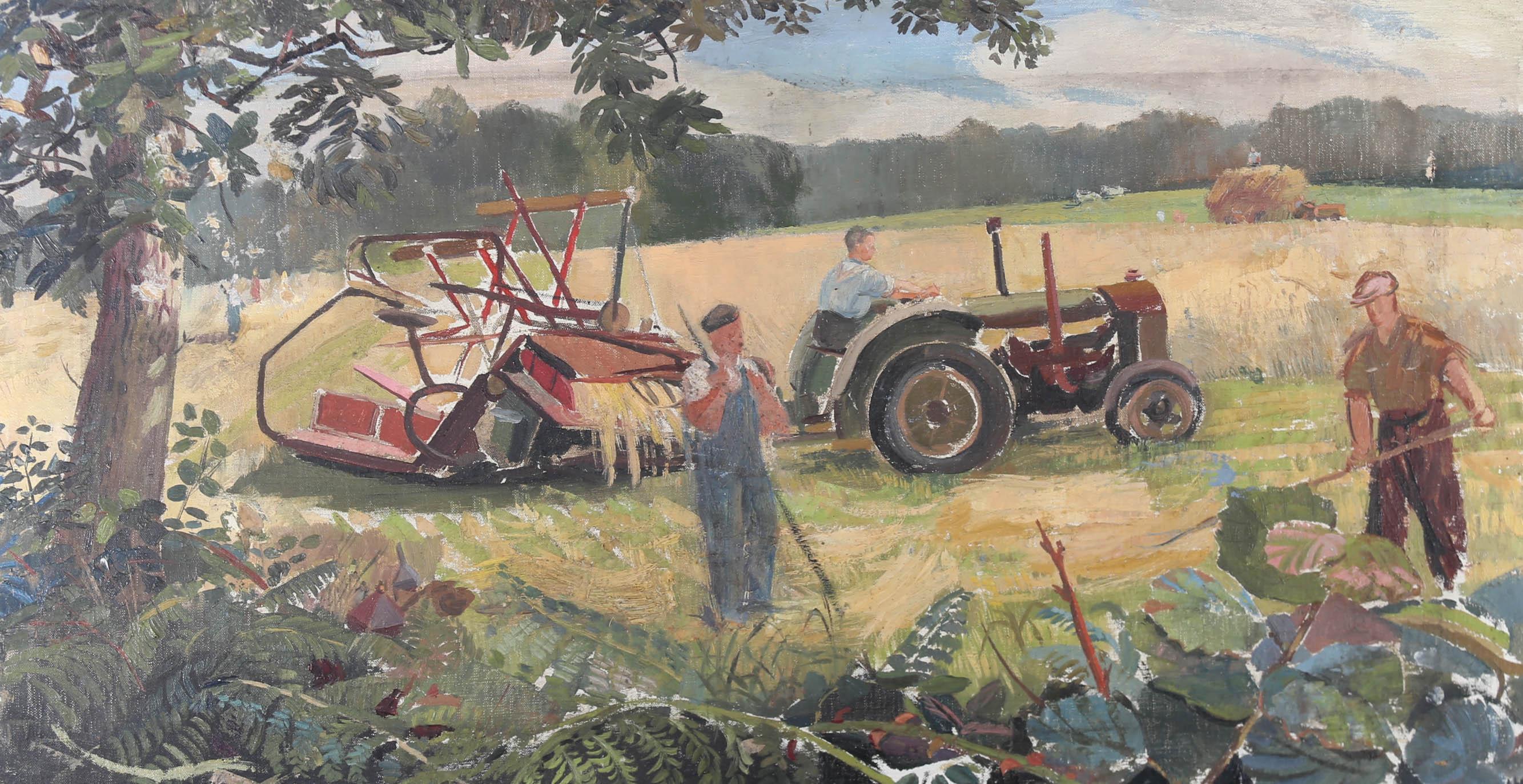 Unknown Landscape Painting - Mid 20th Century Oil - Late Summer Hay Harvest