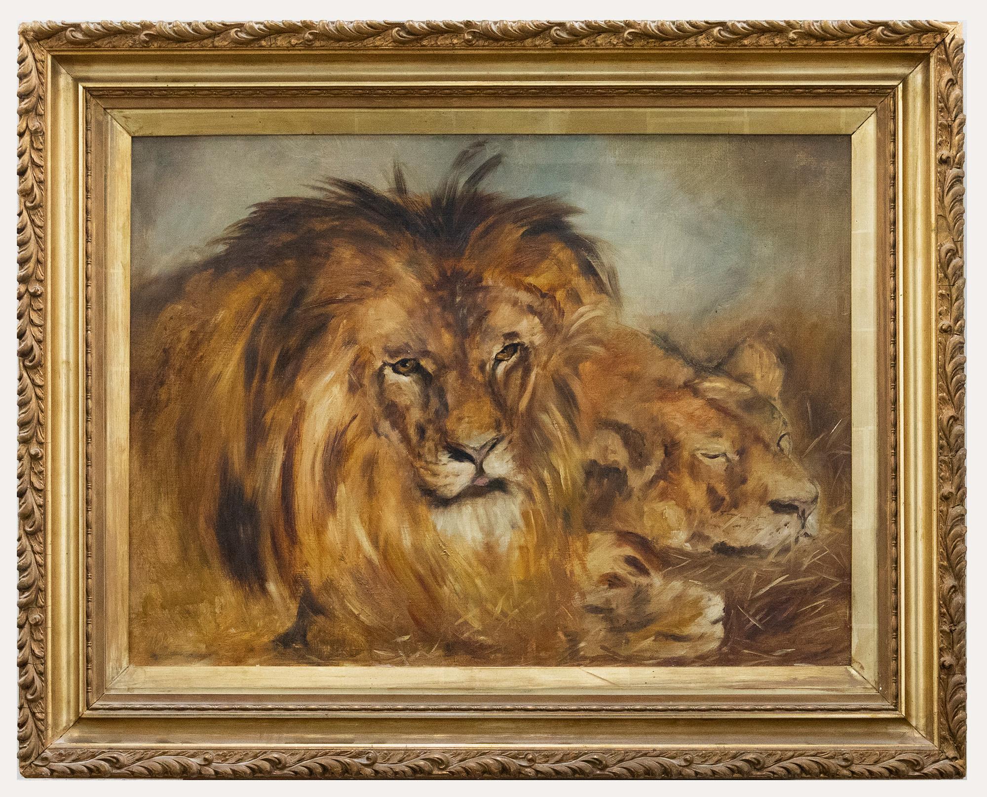Unknown Animal Painting - Mid 20th Century Oil - Lion and Lioness