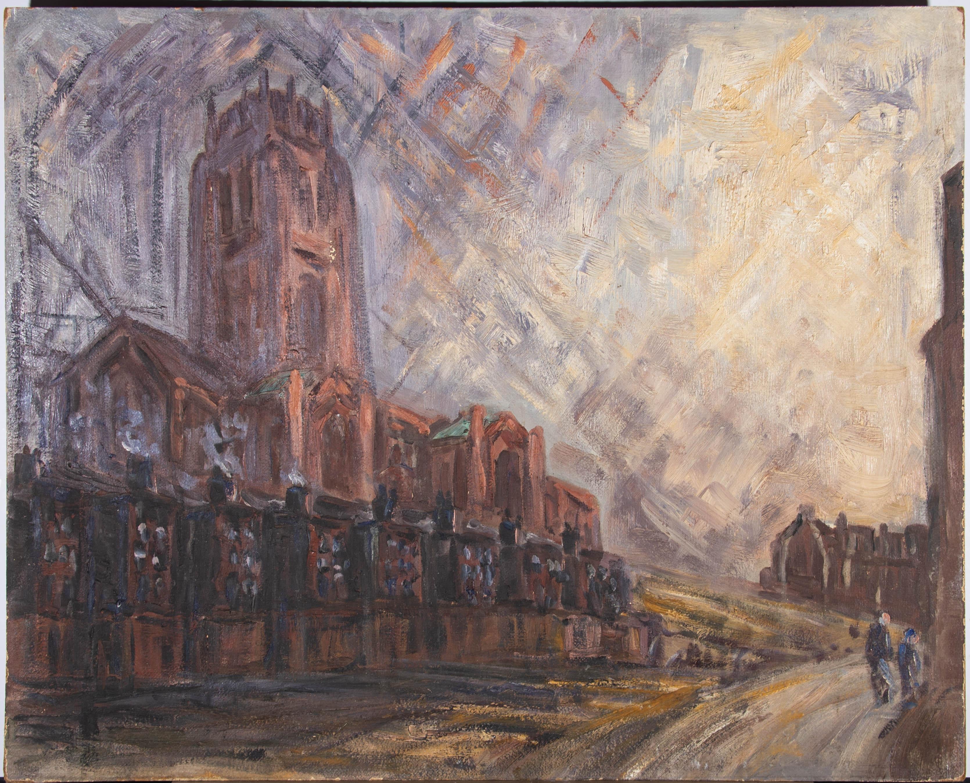 Unknown Landscape Painting - Mid 20th Century Oil - Liverpool Anglican Cathedral