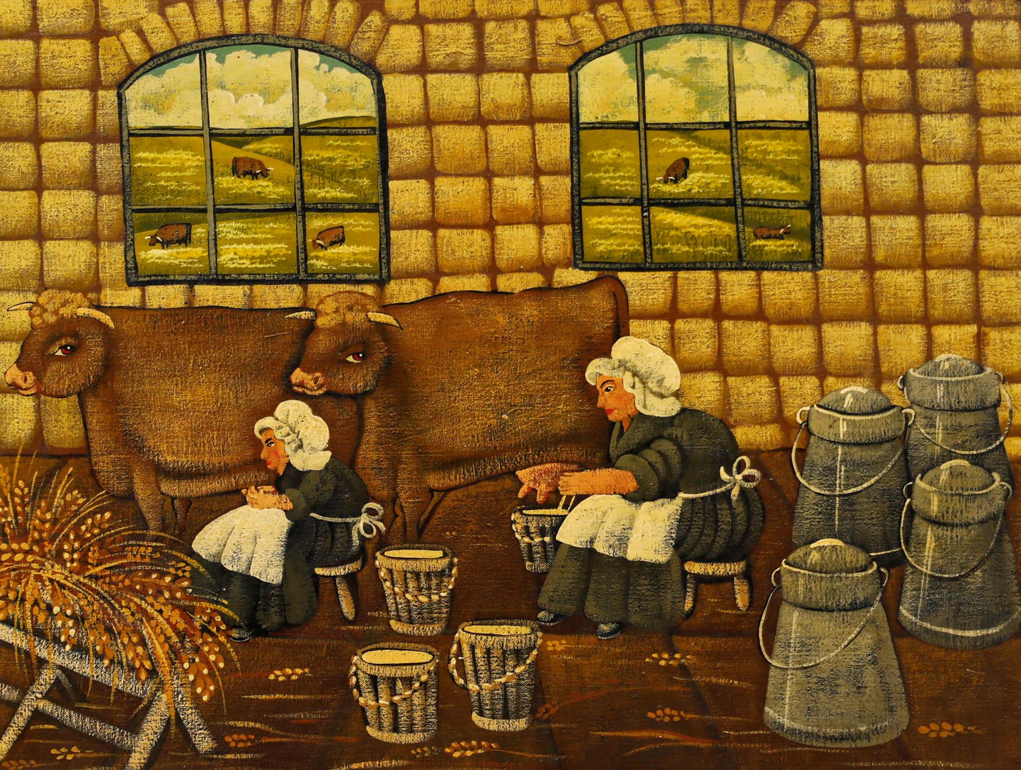 Öl aus der Mitte des 20. Jahrhunderts - Maids A-Milking – Painting von Unknown