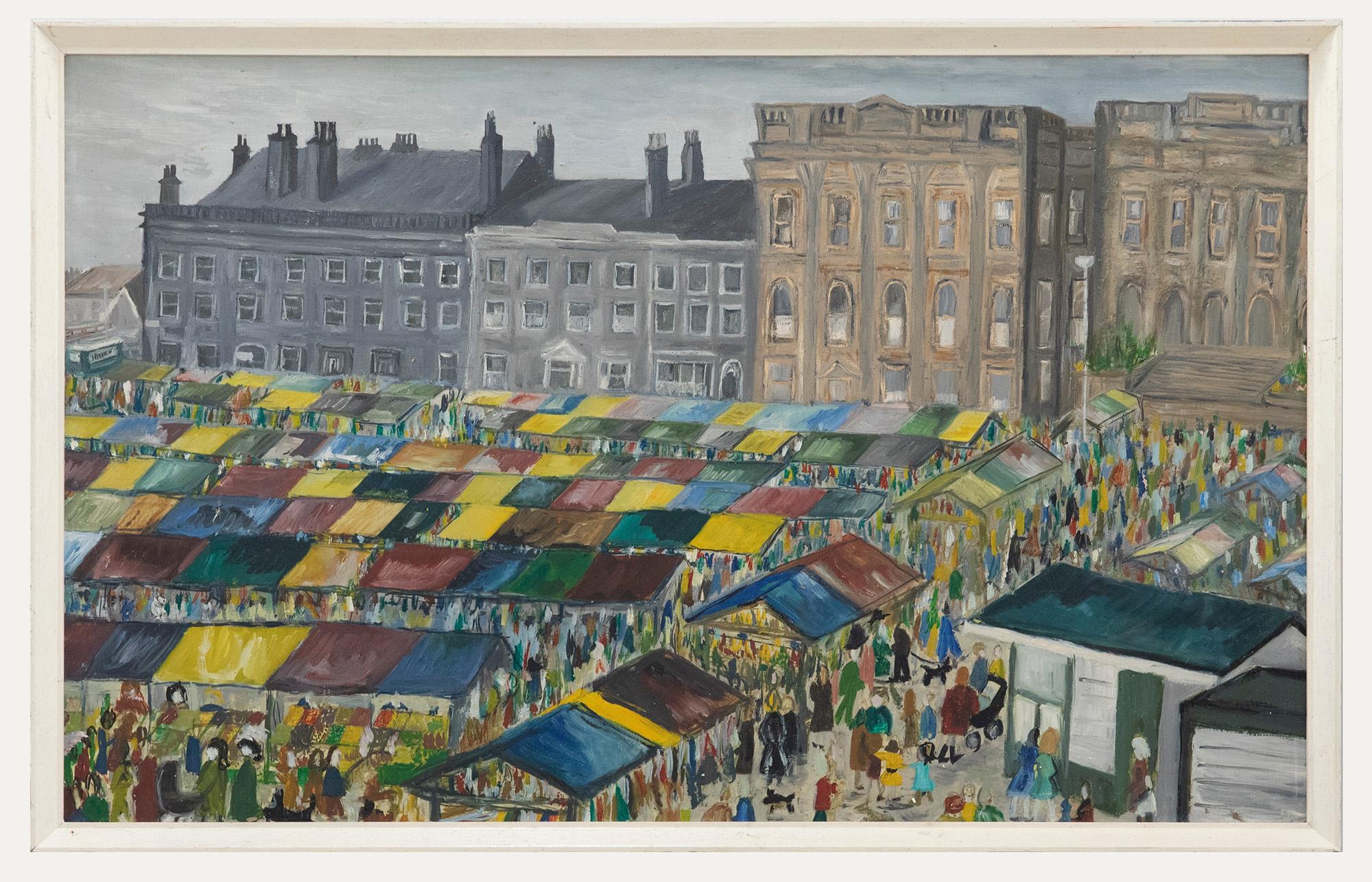 Unknown Landscape Painting - Mid 20th Century Oil - Market Day, Stockport