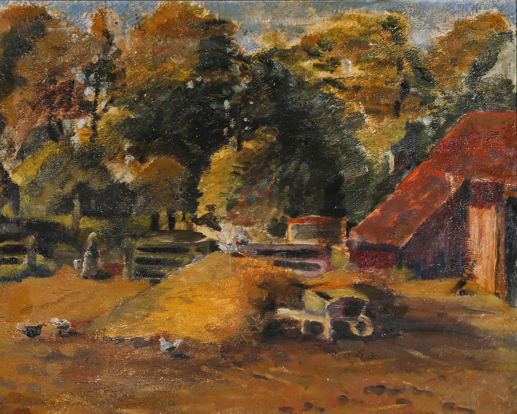 l aus der Mitte des 20. Jahrhunderts - Morgen auf dem Bauernhof – Painting von Unknown