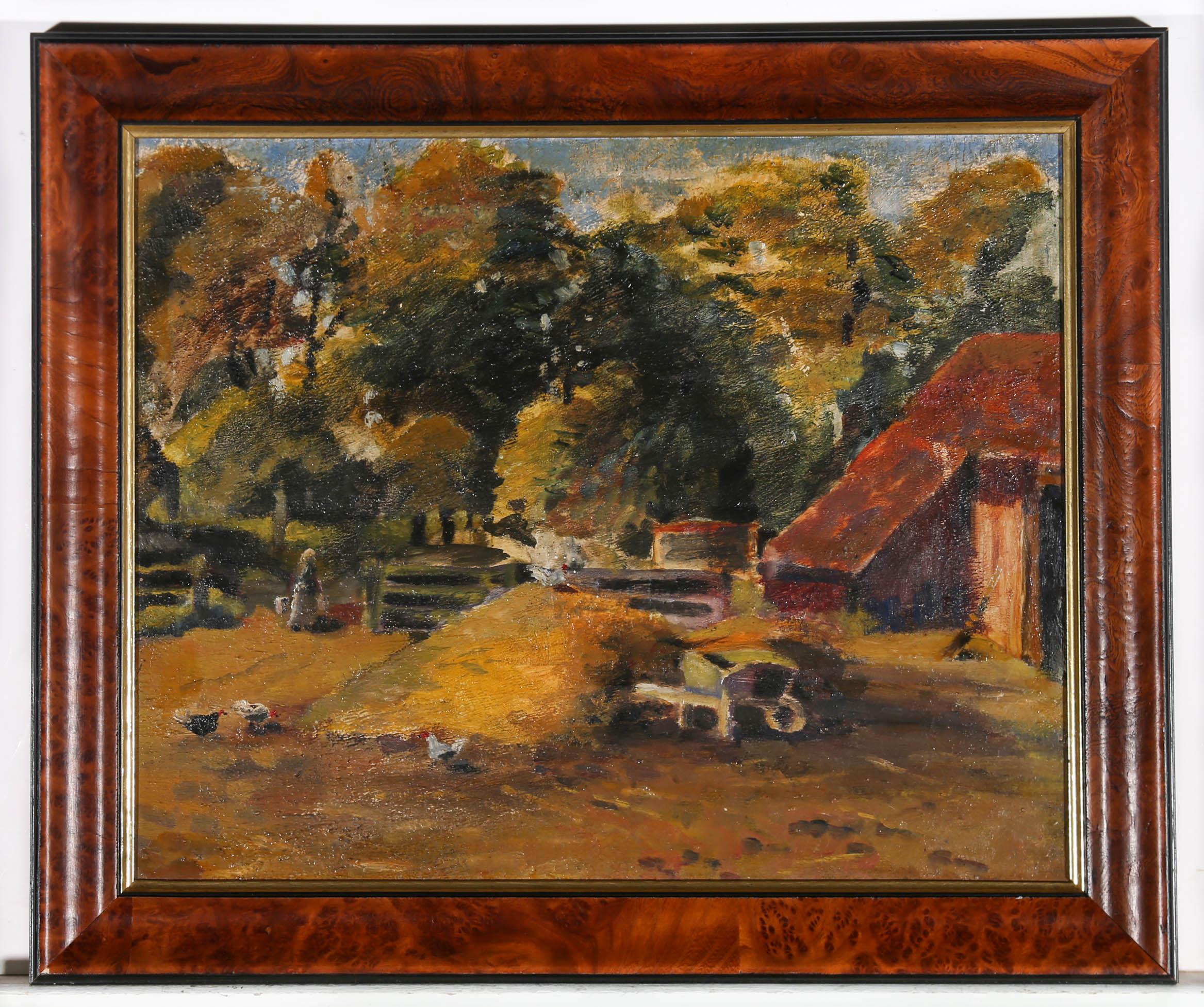 This charming farmyard scene depicts a milk maid starting her daily business and carrying pails away from the cottage, In the foreground chickens graze around a wheelbarrow before tall trees. the artist seems to draw on inspiration from 1930's