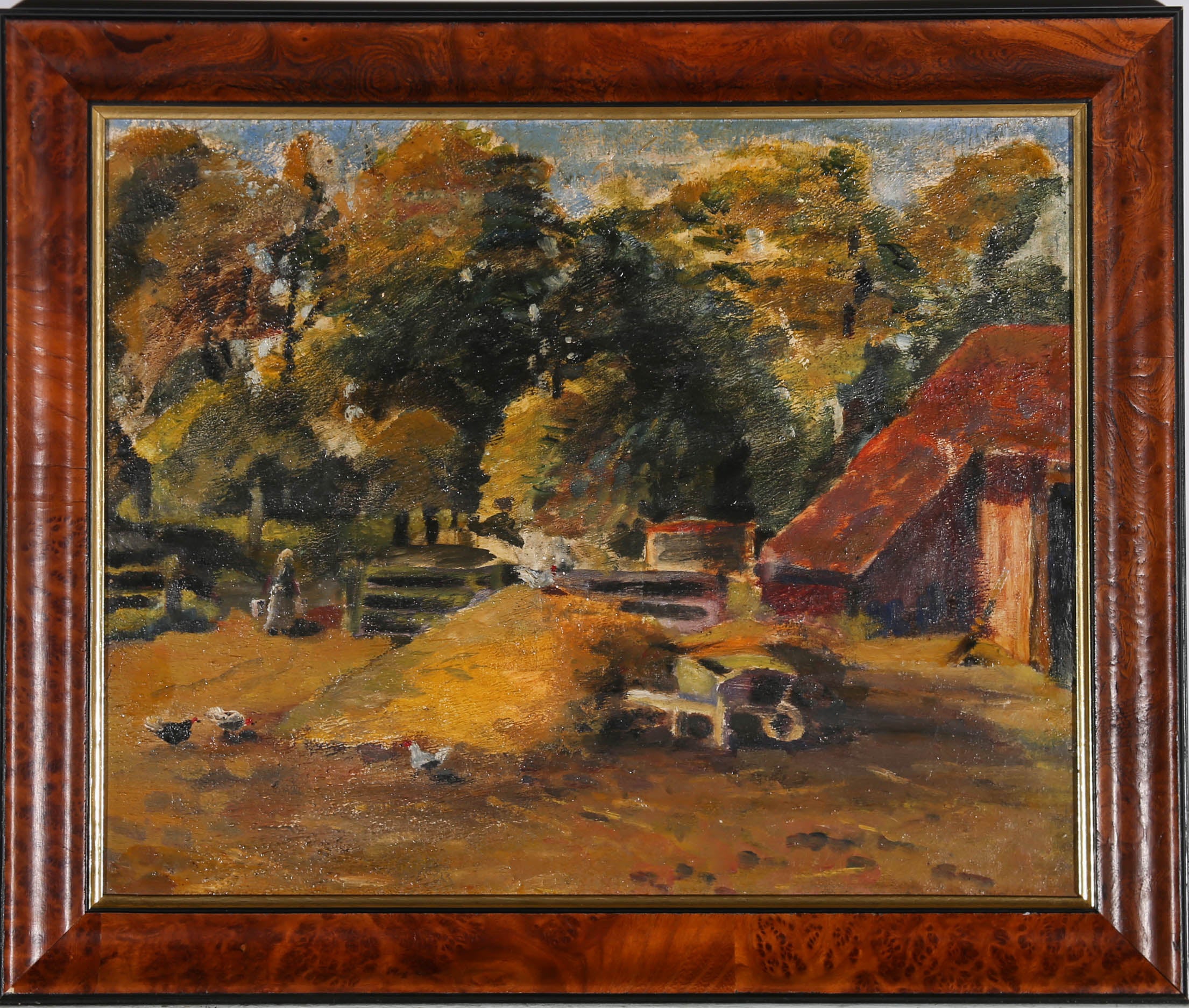 Unknown Landscape Painting – l aus der Mitte des 20. Jahrhunderts - Morgen auf dem Bauernhof