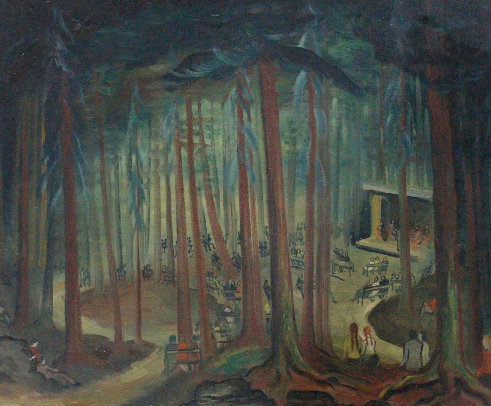 Landscape Painting Unknown - Huile du milieu du 20e siècle - Concert de musique dans la forêt