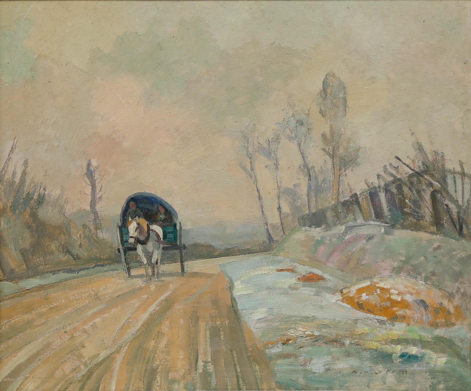 Mid 20th Century Oil - Off to Town in Early Morning Frost - Painting by Unknown