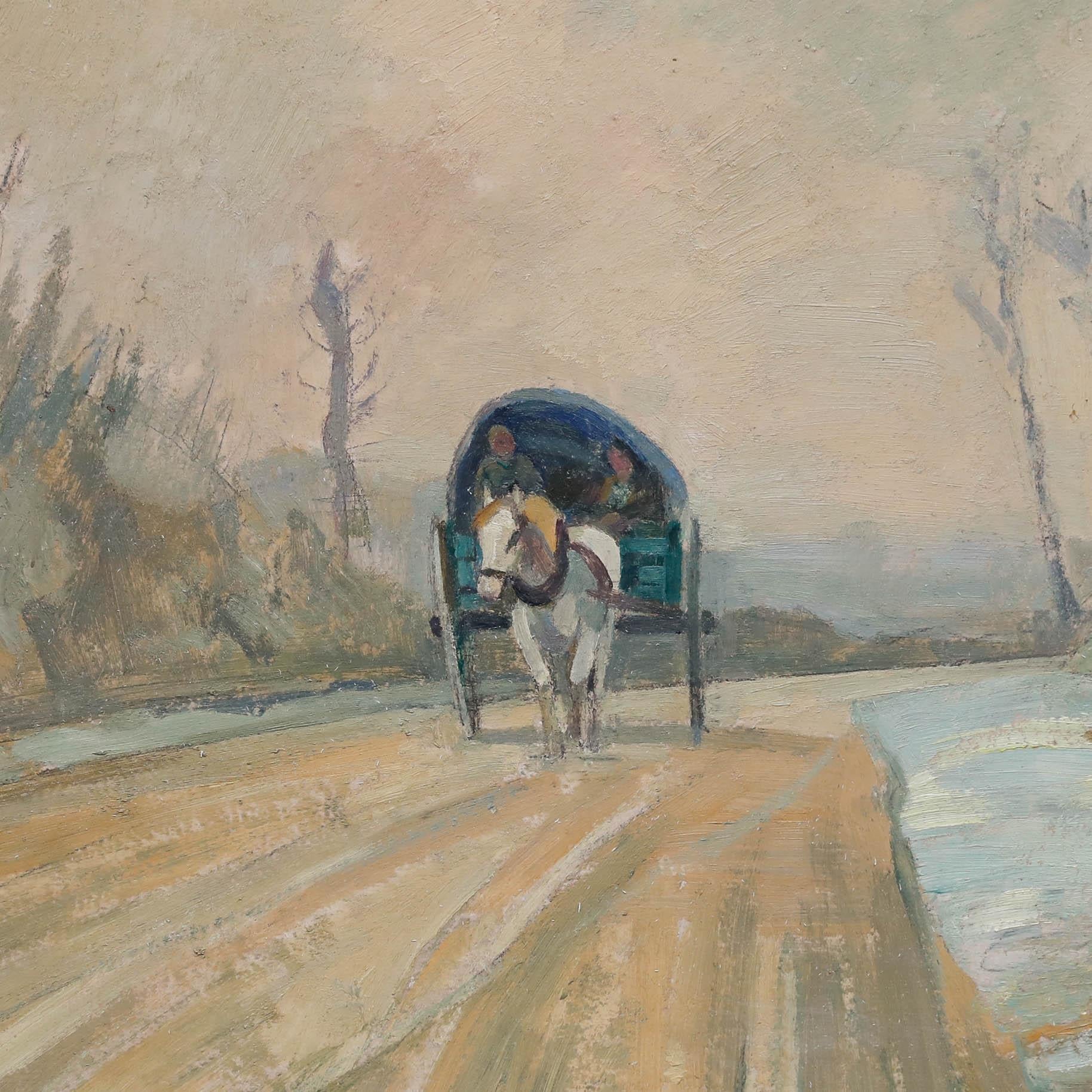 This atmospheric painting captures a solitary horse-drawn wagon traversing a rural road under dramatic, slanting rays of light. The composition skilfully balances the central path with flanking vegetation and hedgerows, while the muted colour