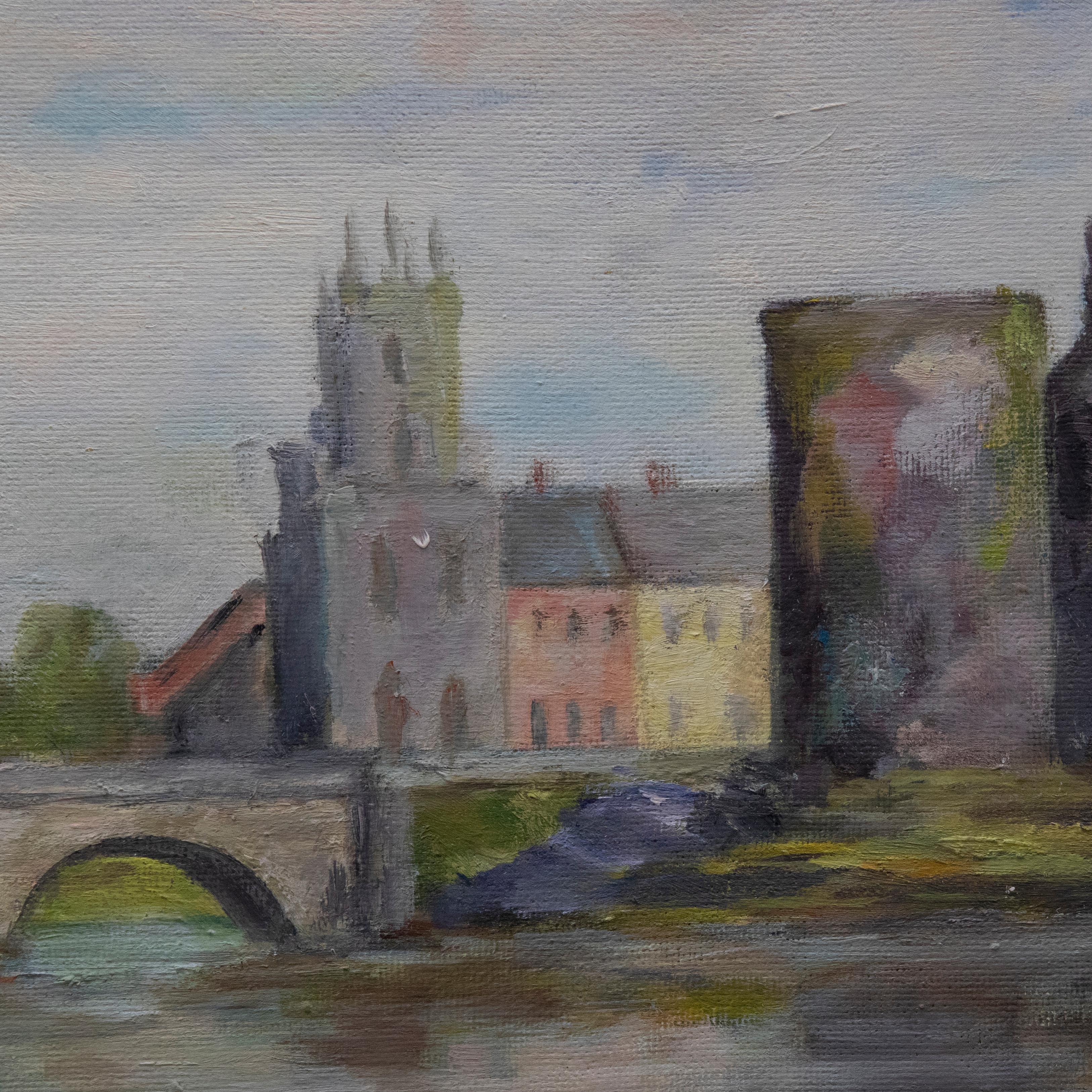 Mid 20th Century Oil - Old Town Walls - Gray Landscape Painting by Unknown