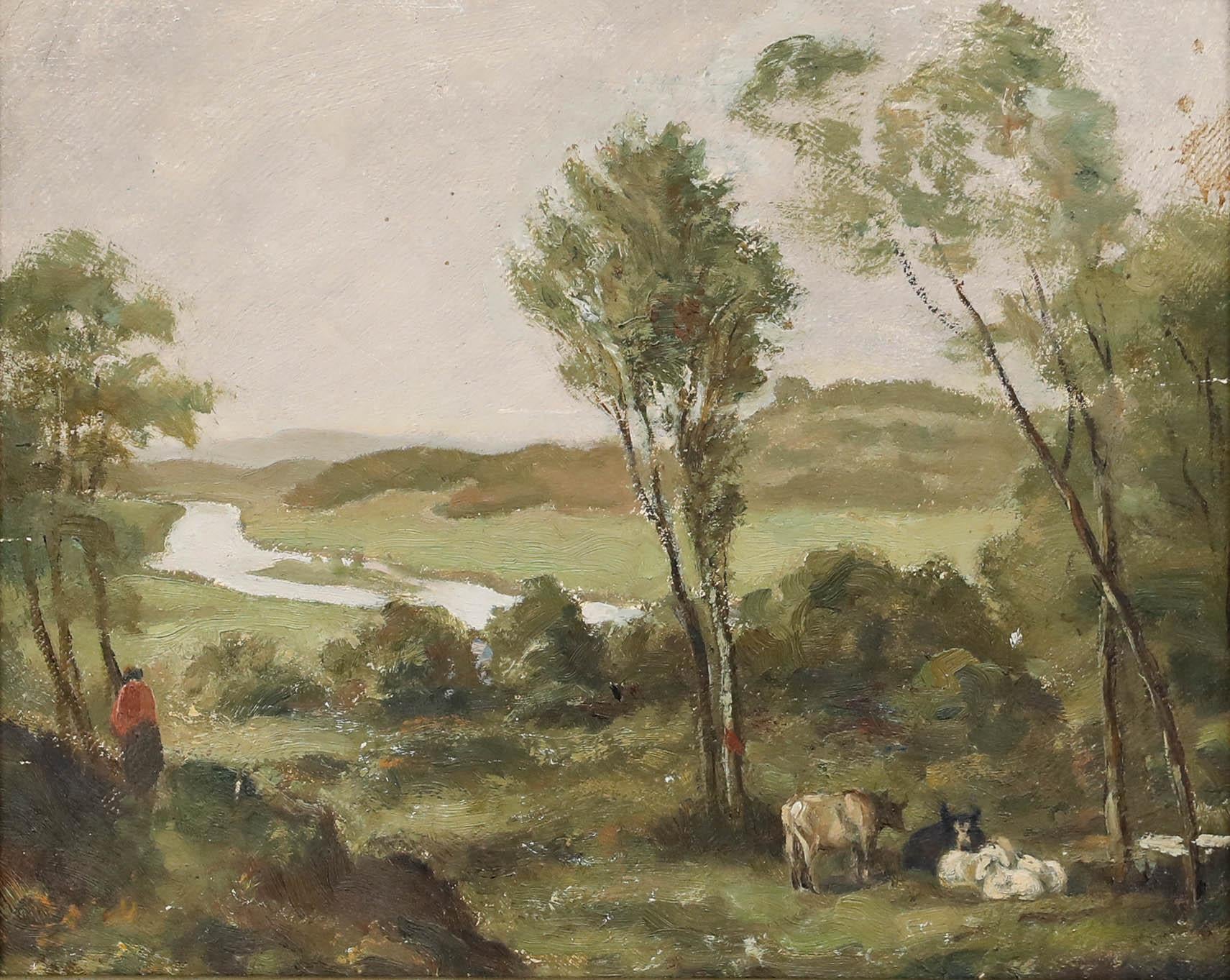 Mitte 20. Jahrhundert Öl - Pastorale Landschaft – Painting von Unknown