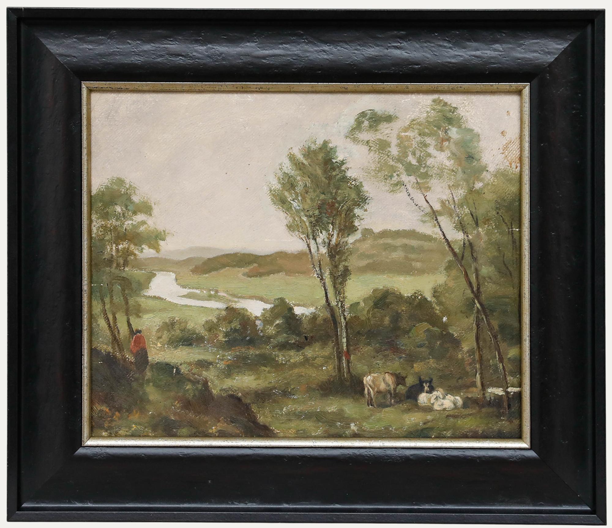 Huile du milieu du 20e siècle - Paysage pastoral