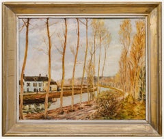 Huile sur toile du milieu du 20e siècle - Peupliers au bord de la rivière